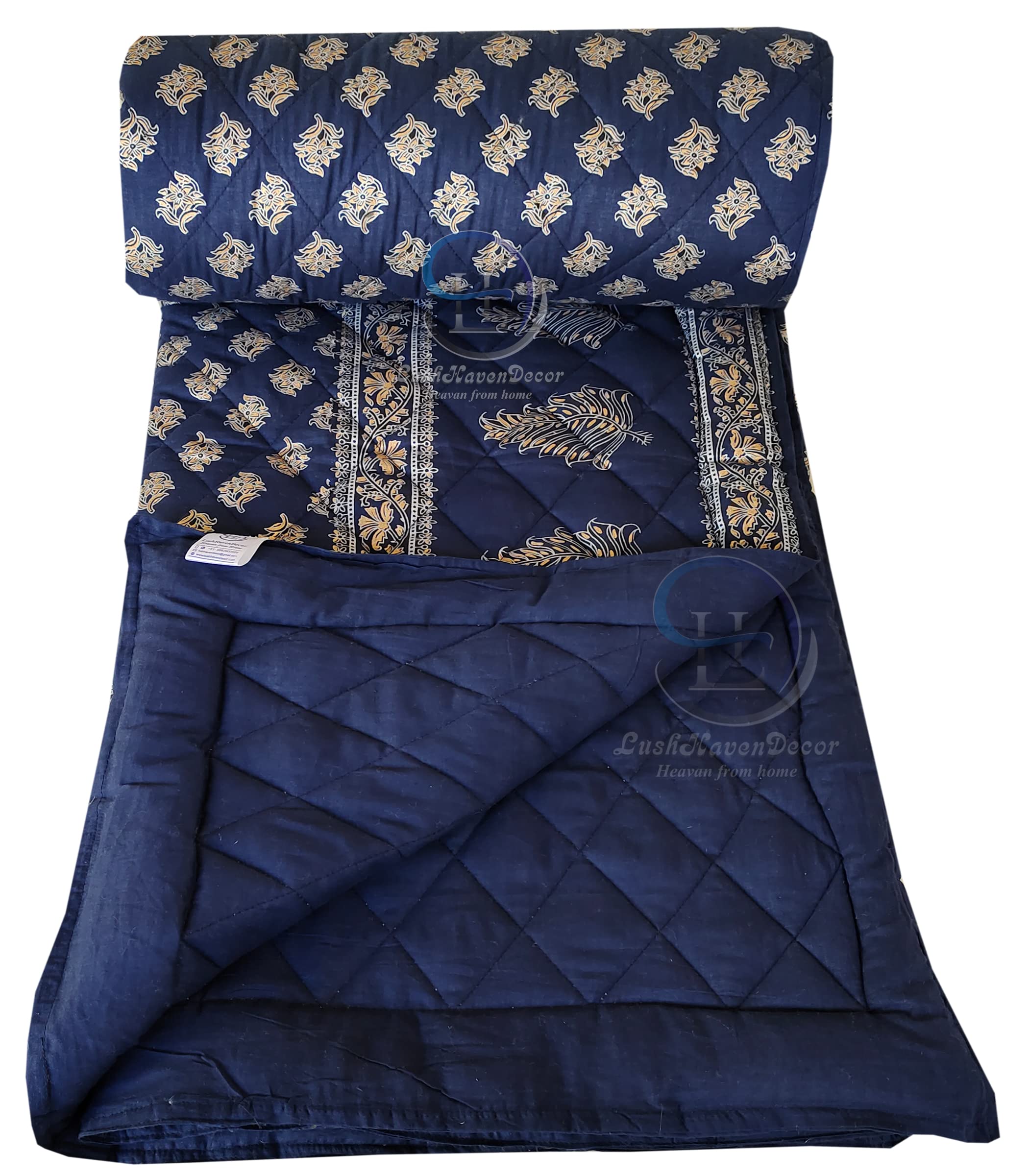 LushHavenDecor Jaipuri Razai Single Bed Gold Print with Computerized Quilting Use as Soft and Breathable Cotton Comforter Quilt Rajai Blanket Dohar Size 55X85 inch Blue Pack of 1