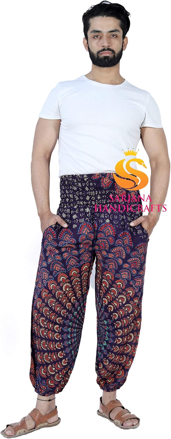 SARJANA HANDICRAFTS Mens Womens Rayon Mandala Pockets Harem Trousers Yoga Drop Crotch Unisex Pants