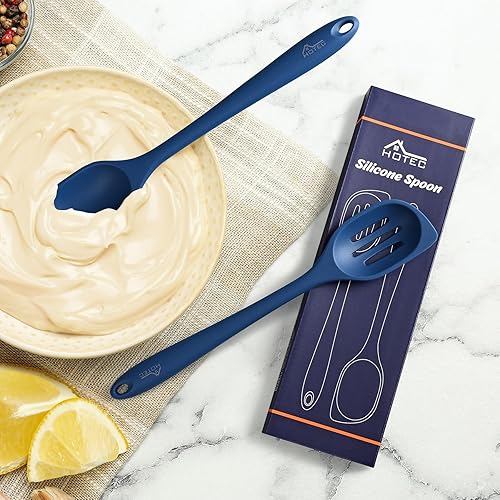 Miniatura 7 de HOTEC Cuchara de cocina de silicona, cuchara grande de cocina sólida y ranurada para mezclar, cucharas para raspar, resistentes al calor,