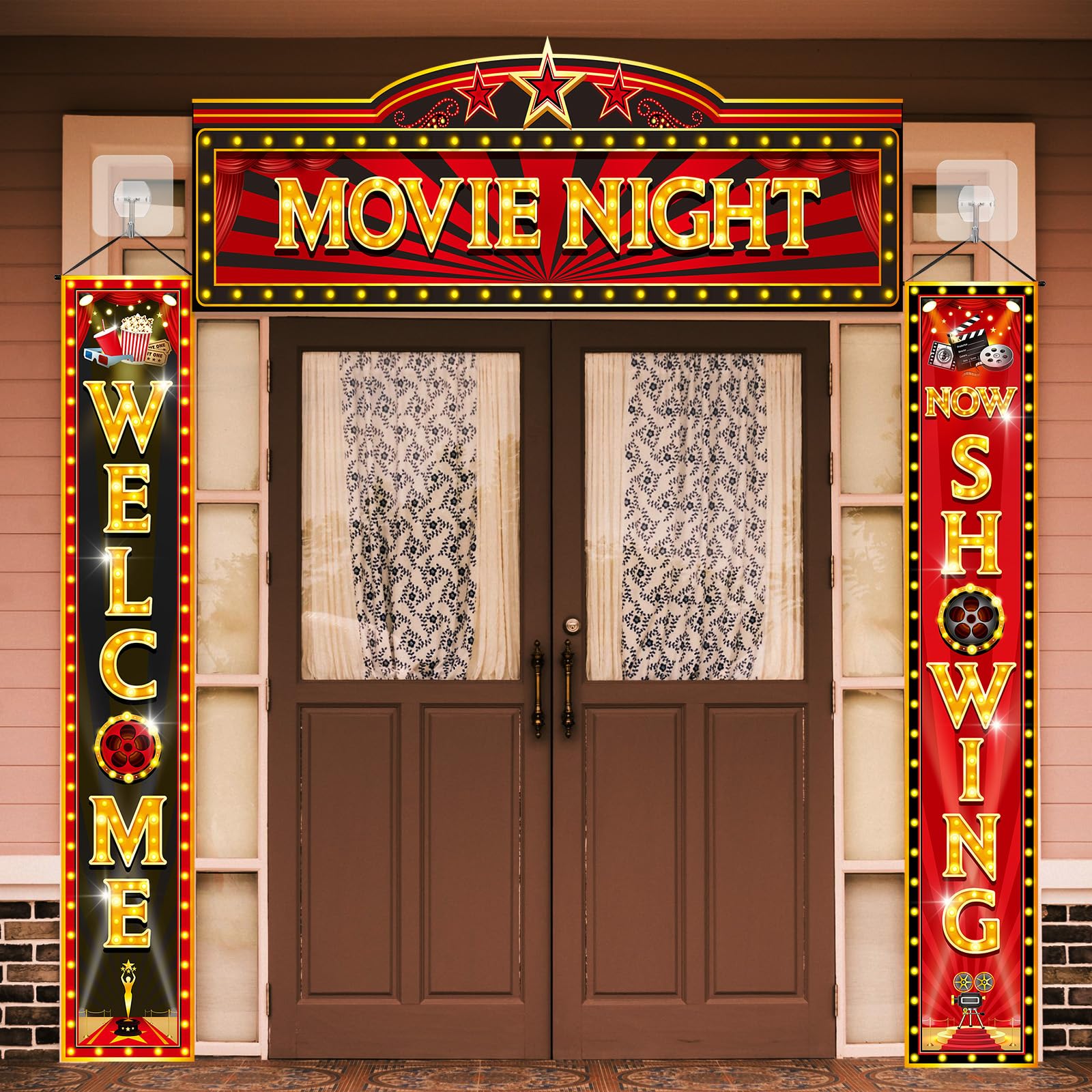 Funnymoom 3 Pcs Movie Night Porch Banner Decorations Movie Theme Party Hanging Banner Welcome Now Showing Sign Door Decor for Theater Photography