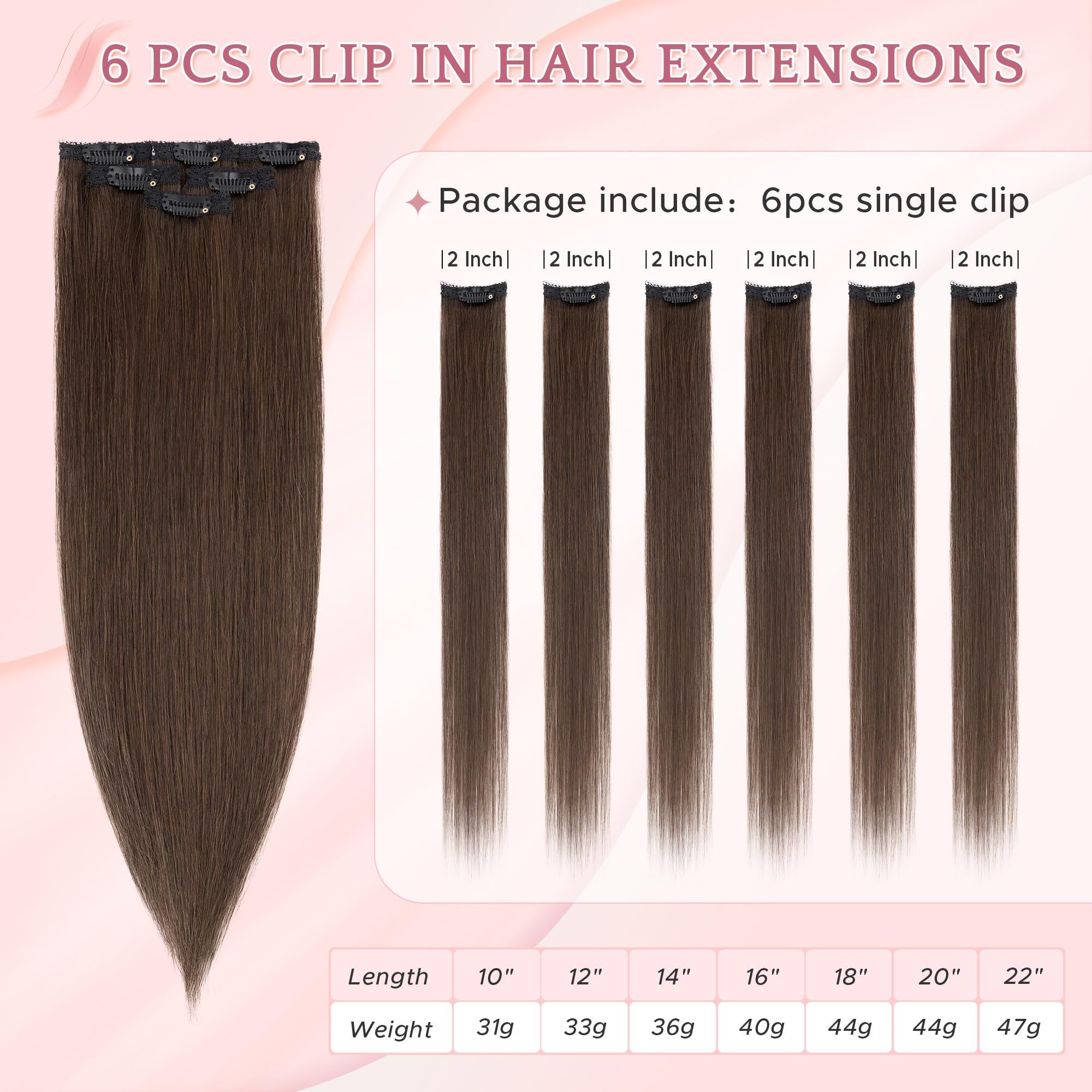 Clip in Extensions Echthaar Extensions Clip 6 Tressen 6 Clips Hair Extensions Remy Echthaar Haarverlängerung invisible natürlich 40 cm Dunkelbraun #2R