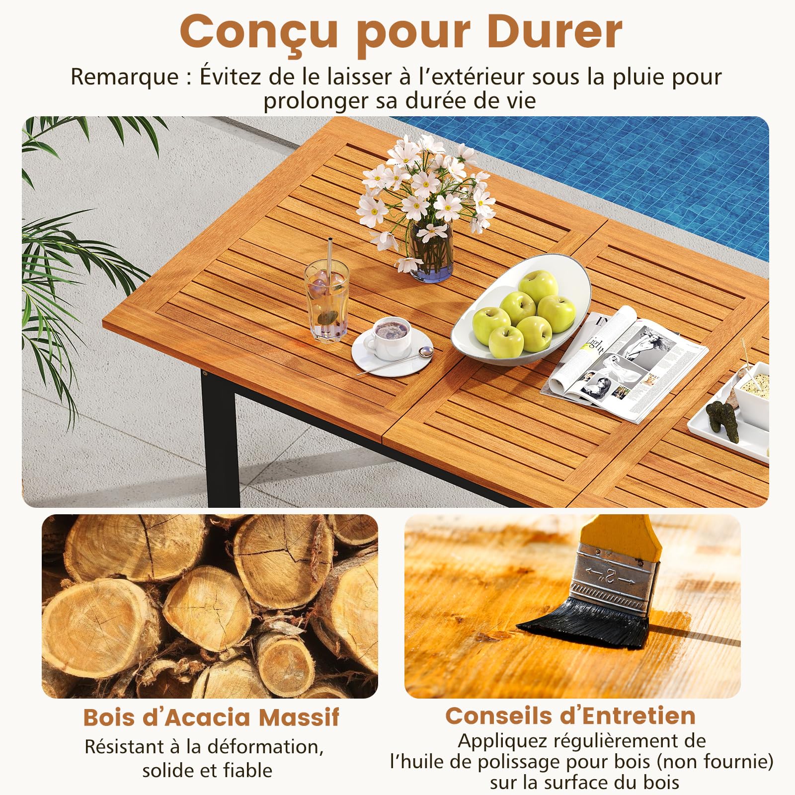 COSTWAY Salon de Jardin 7 Pièces en Bois d'Acacia avec Table Extensible