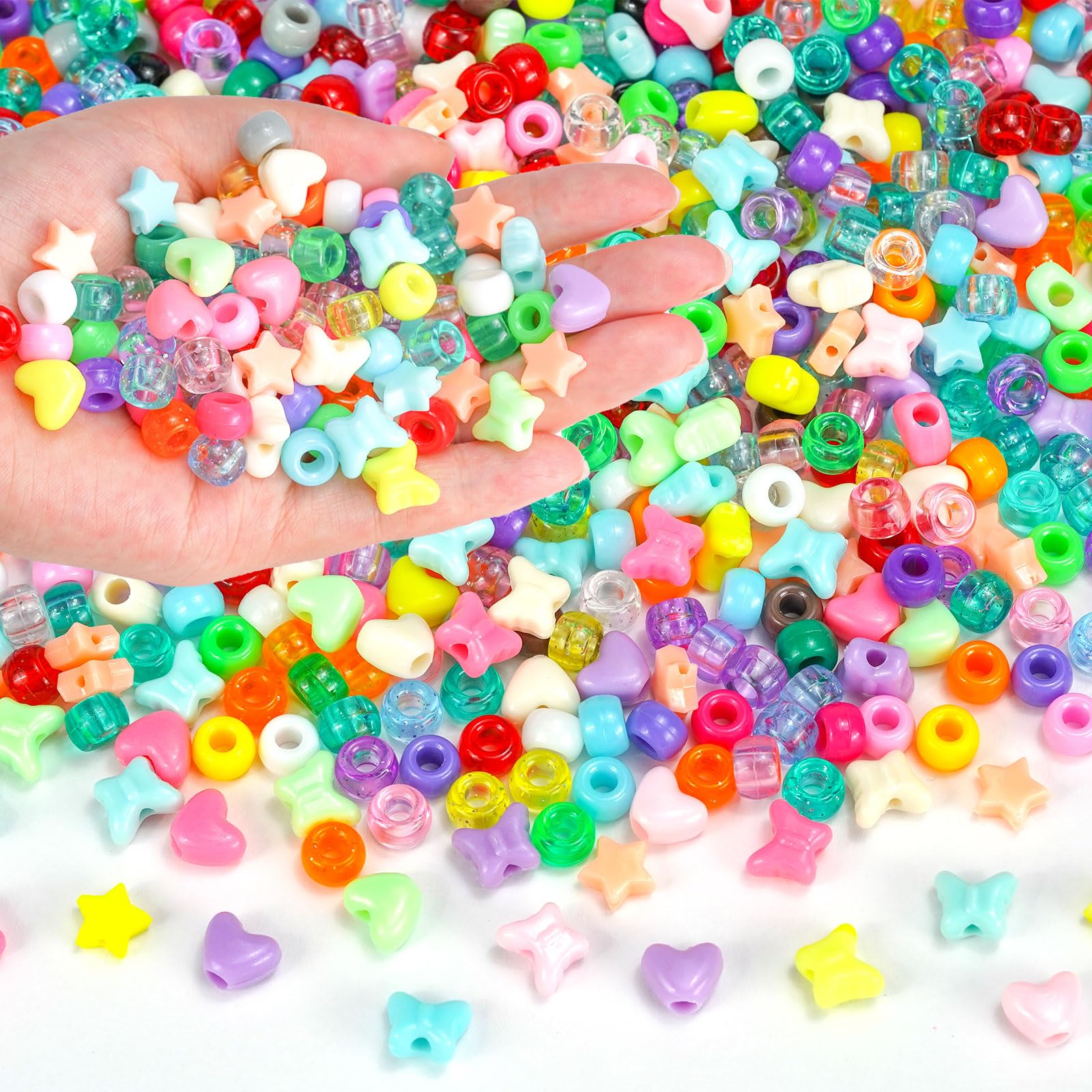 Photo 1 of 1000+PCS Assorted Pony Beads for Bracelets, 9mm Acrylic Rave Kandi Bead Bulk with Cute Heart Star Butterfly Fun Shaped Beads for Hair Braid Keychain Charms Jewelry Making DIY Crafts
