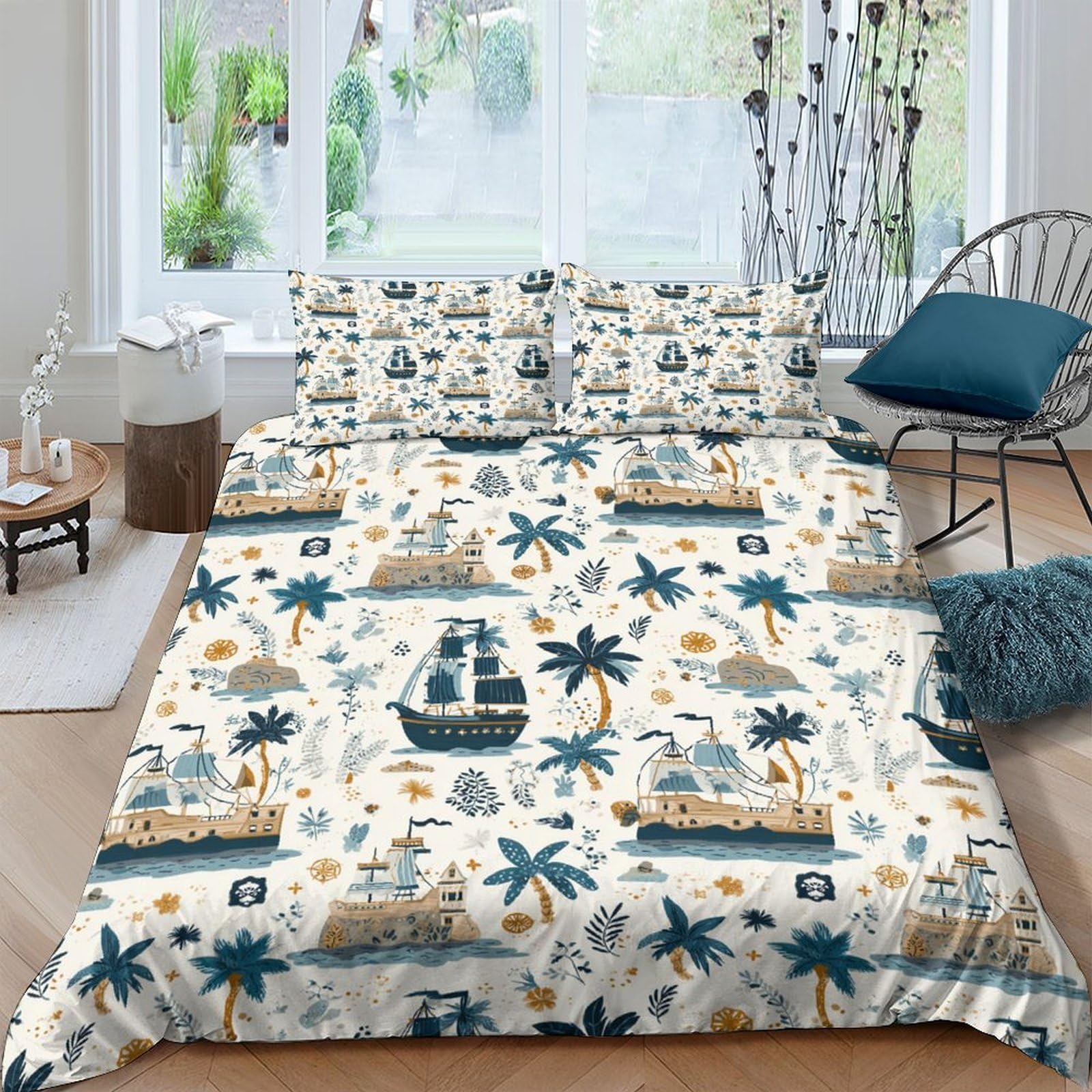 Ctjqhvkz Style-6 3D Printed Vintage Pirate Ship Fitted Sheet Microfiber Soft Breathable Palm Island Bed Cover Bedroom Decor Single（135X200cm）
