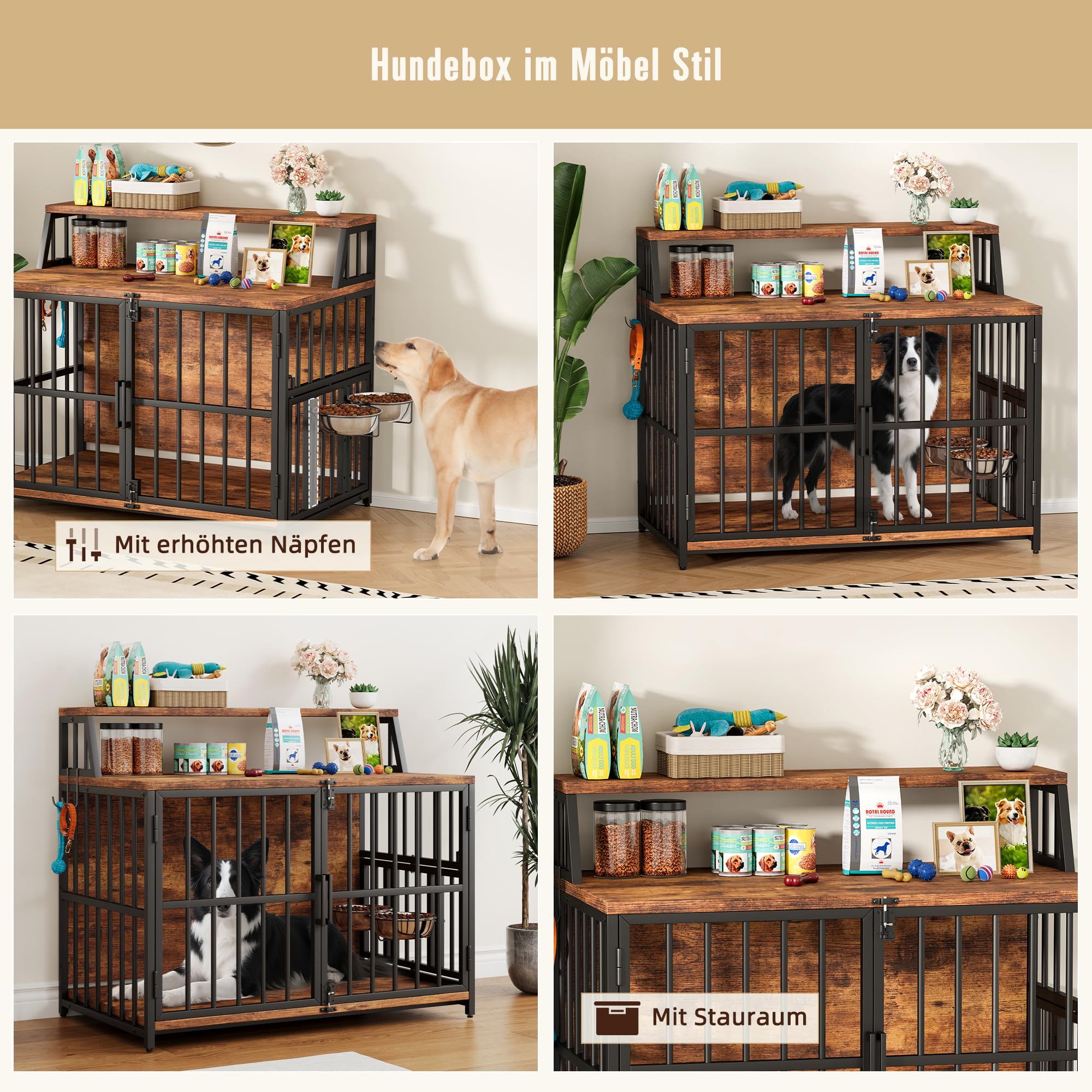 Gabbia per cani per la casa, 100 x 60 x 85 cm, gabbia per cani in legno con ciotole orientabili, cuccia in stile mobili con spazio per cani fino a 35 kg