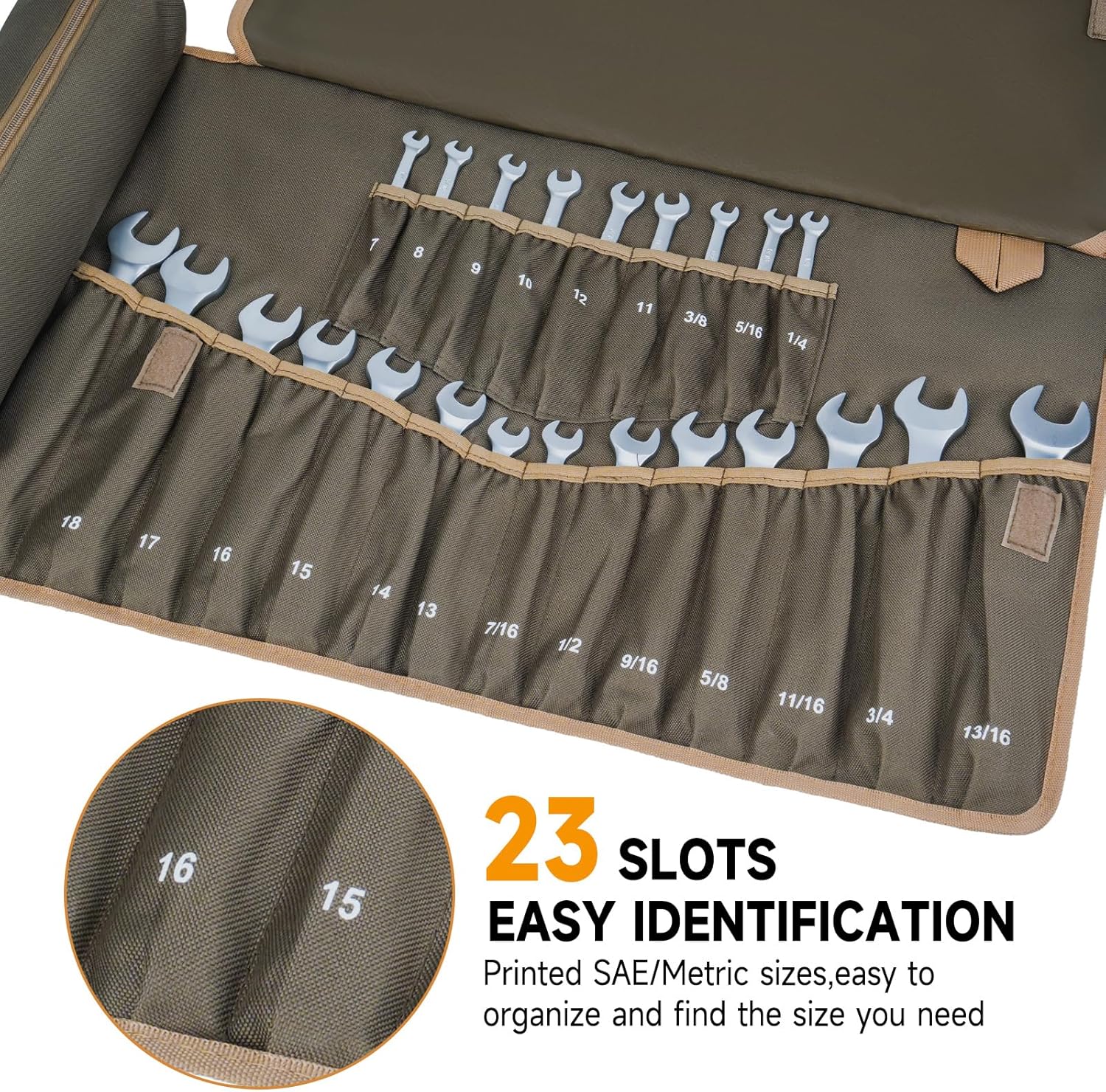 Wrench Roll Organizer,Wrench Roll Up Pouch with 23+1 Pockets,Heavy Duty Tool Roll for Metric & SAE Wrenches,Large Wrench Holder Organizer Bag for Men,Mechanics,Gifts for Men Dad(Olive Green) NO Tools