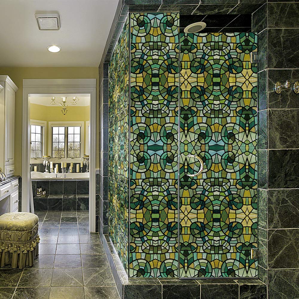 Funlife Film pour fenêtre en verre dépoli à effet vitrail - Adhésif statique à face unique pour salle de bain - Mosaïque en verre vert, 90 x 300 cm