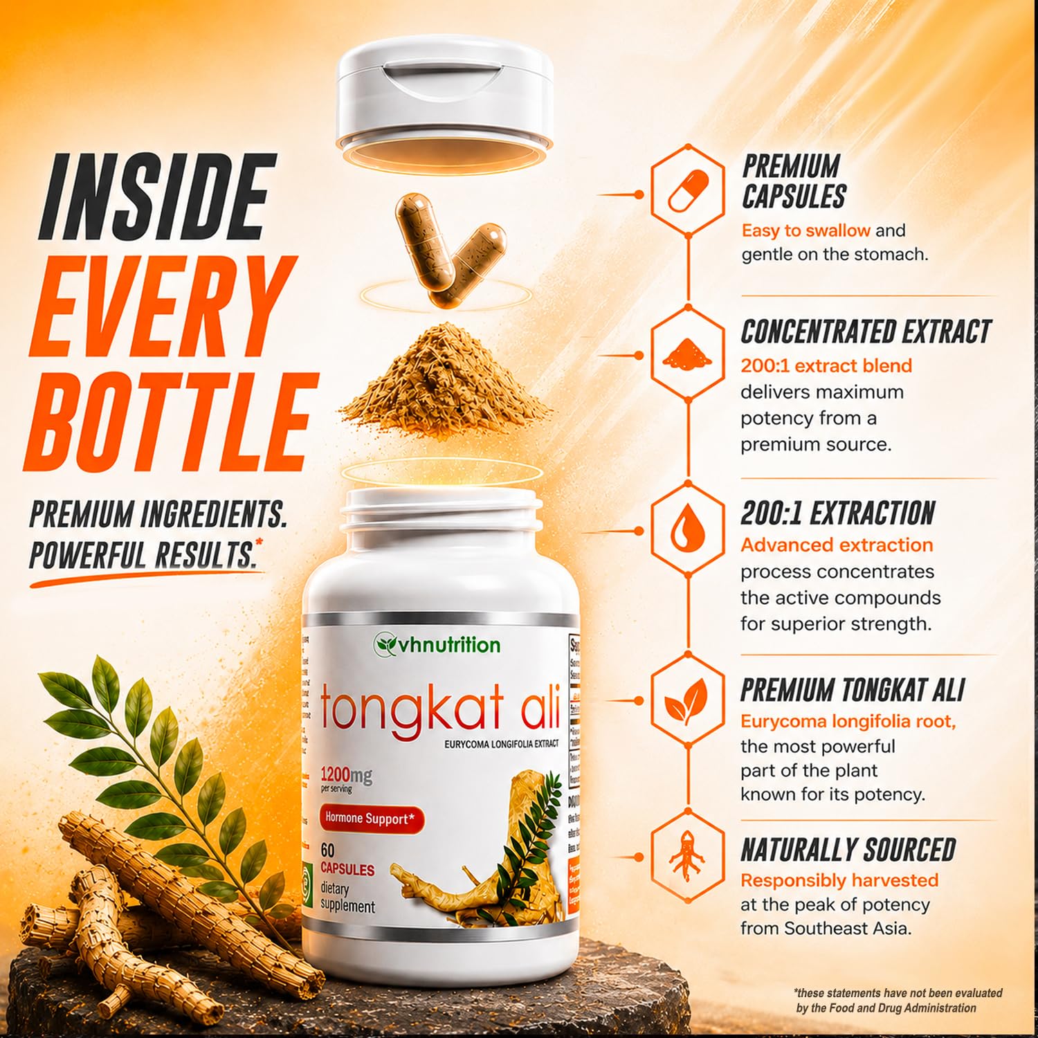 VH Nutrition TONGKAT ALI | Extra Strength Hormone Support for Men* | 200 to 1 Blend Standardized Eurycoma Longifolia (LongJack) Extract Powder | 60 Capsules — Amazon image 6