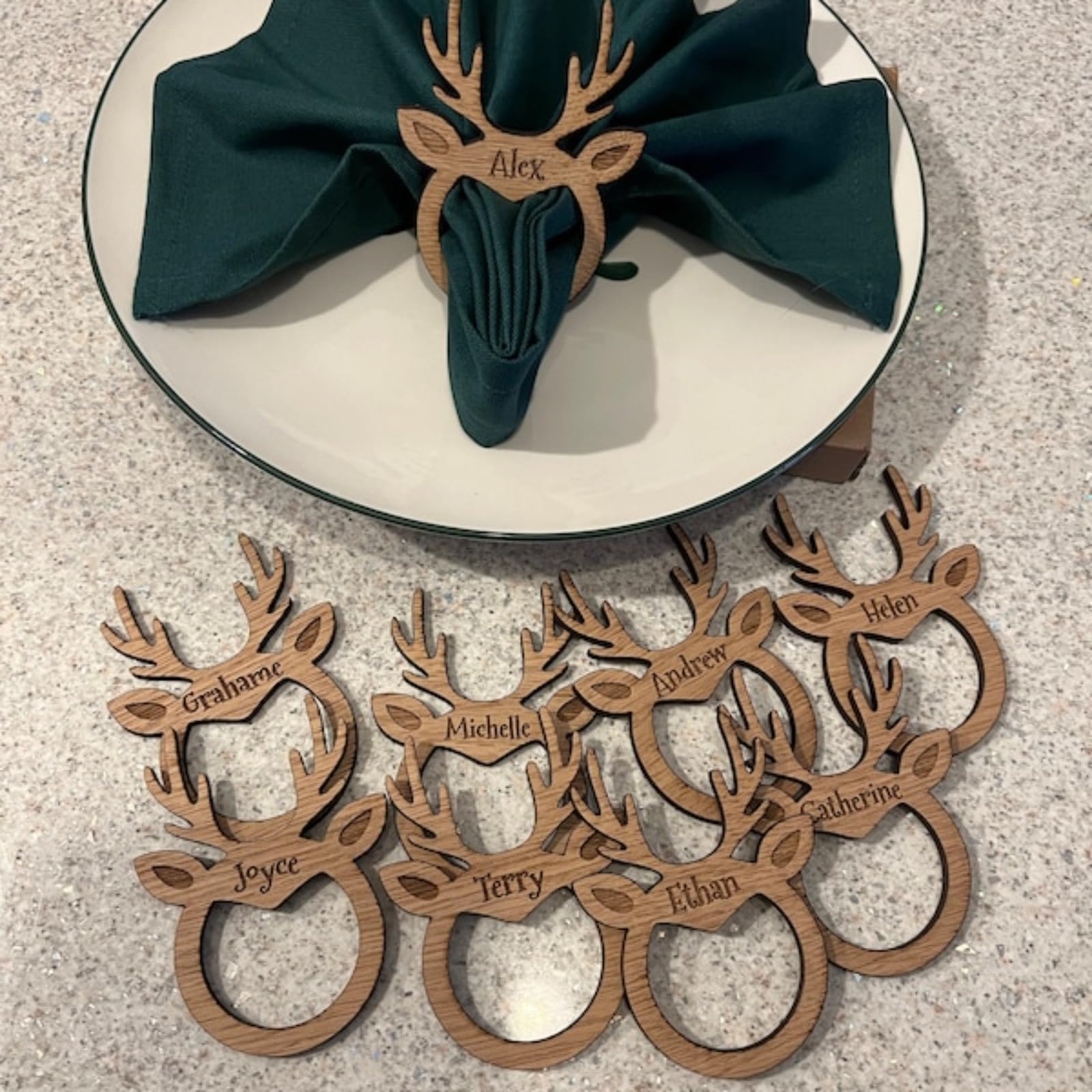 Portatovaglioli natalizi in legno a forma di renna, personalizzabili, con incisione, segnaposto, segnaposto, decorazione da tavola, decorazione per la cena, per Natale, vacanze, matrimoni, casa