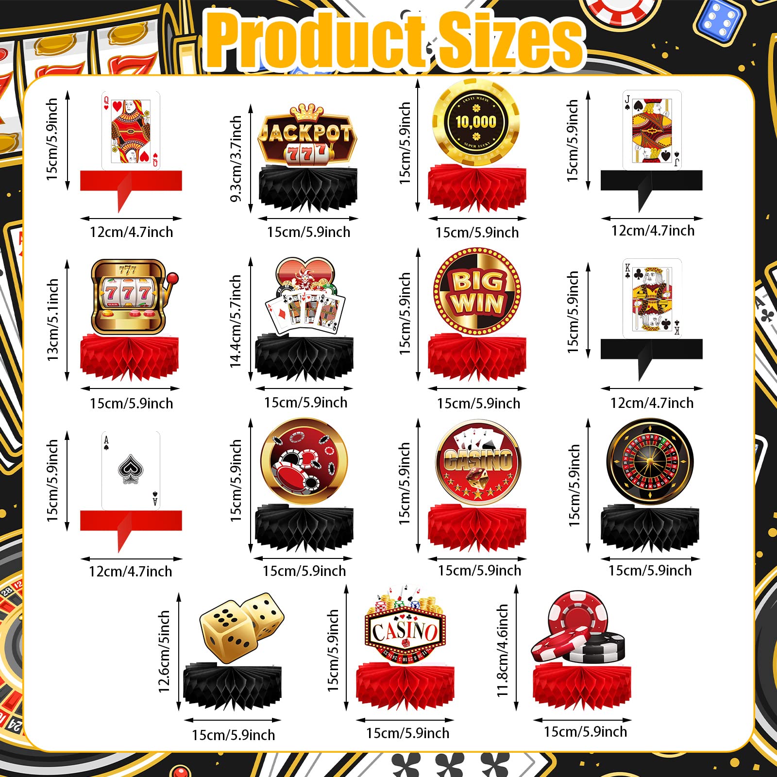 10-Piece Las Vegas Casino Honeycomb Centerpieces – 3D Table Toppers For Casino Night Party Decor | 6x6 Inch Cardstock Decorations