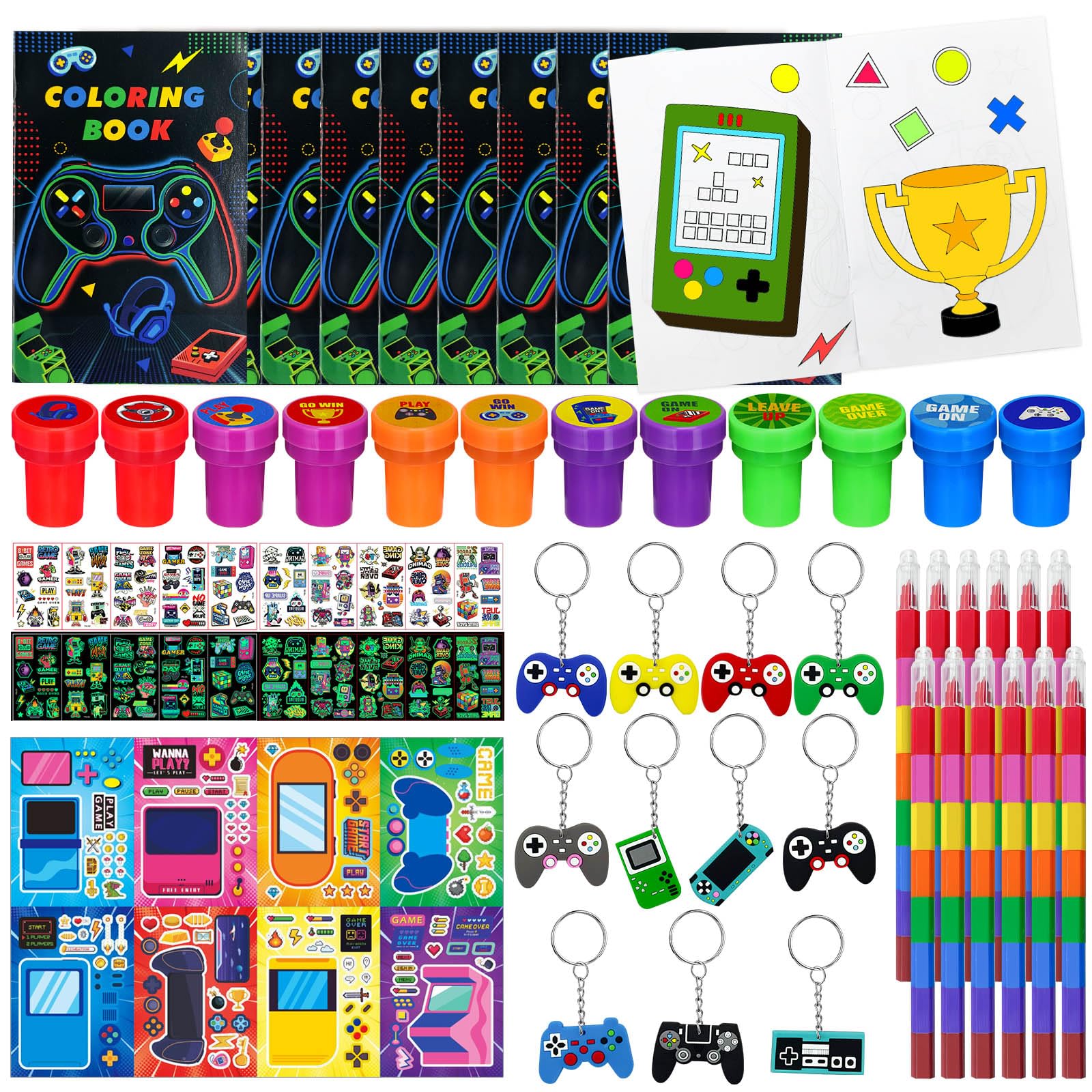 Cinrobiye 72 Pcs Video Game Party Favors Set, Video Game Coloring Books Rainbow Pencils Tattoos Stickers Stampers for Pinatas，Gamer Birthday Supplies