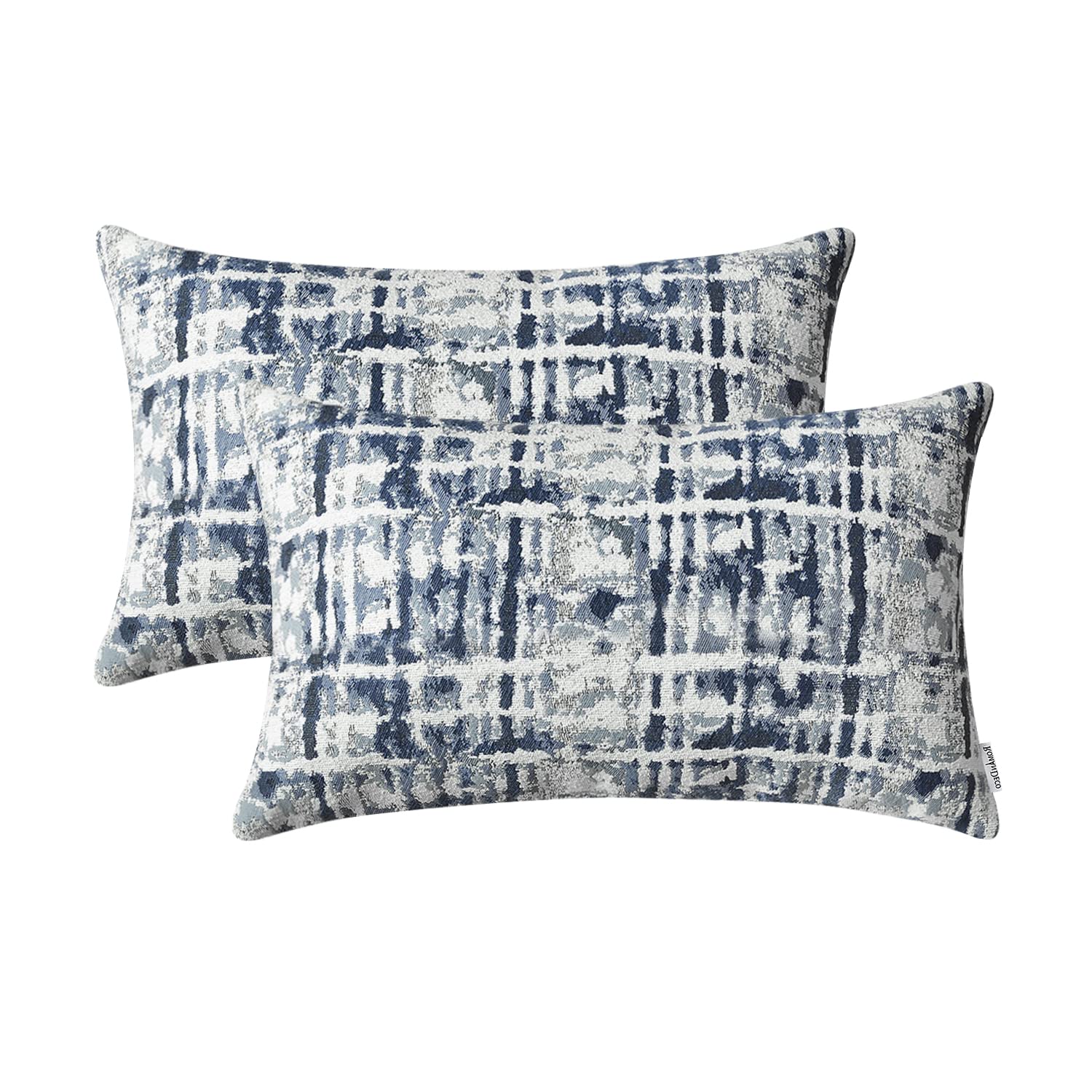 ROMANDECO Jacquard Decorative Throw Pillow Covers for Couch Set of 2, 12x20 Inches, Navy Blue