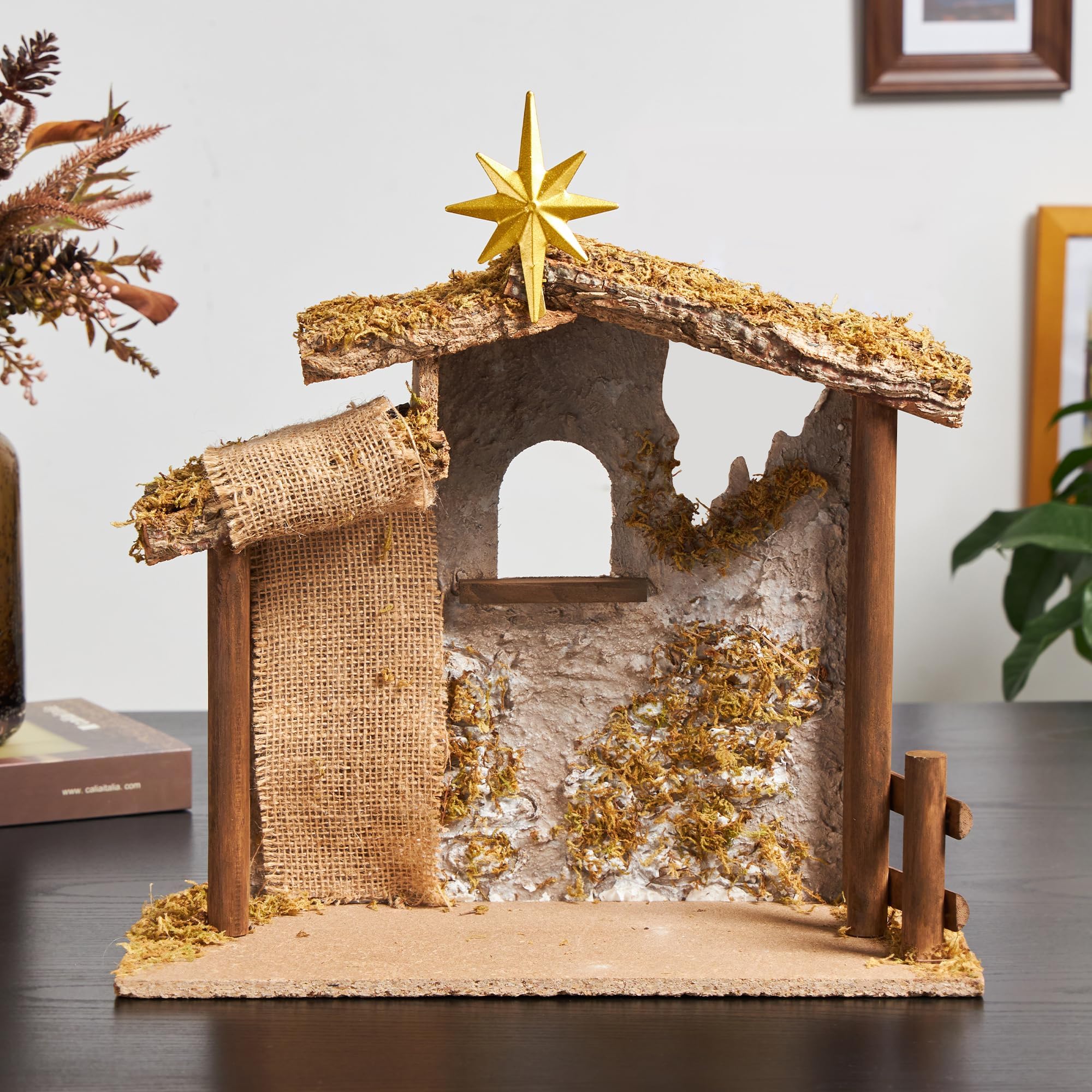 TOETOL Manger for Nativity Scene for Inside 7&8 inch Scale Holy Family Nativity Stable Creche Realistic Moss Hay Wooden Fabric Desk Collectable Decor Home Christmas Decorations(13.8" x 5.9" x 12")