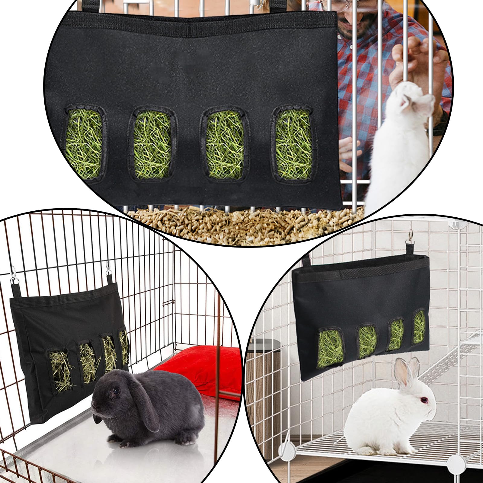 Konijnenhooivoertas, cavia-hooizak, automatische voertas, hangend voerhooi met 4 gaten voor kleine huisdieren, zwart