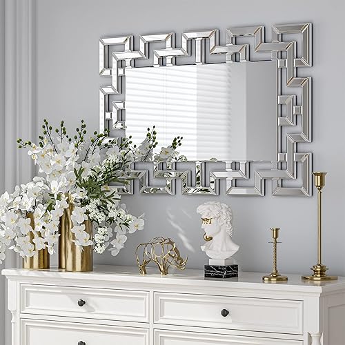 Miniatura 2 de Espejos decorativos grandes de pared, espejo decorativo de arte moderno con diseño veneciano griego, espejos de pared rectangulares plateados