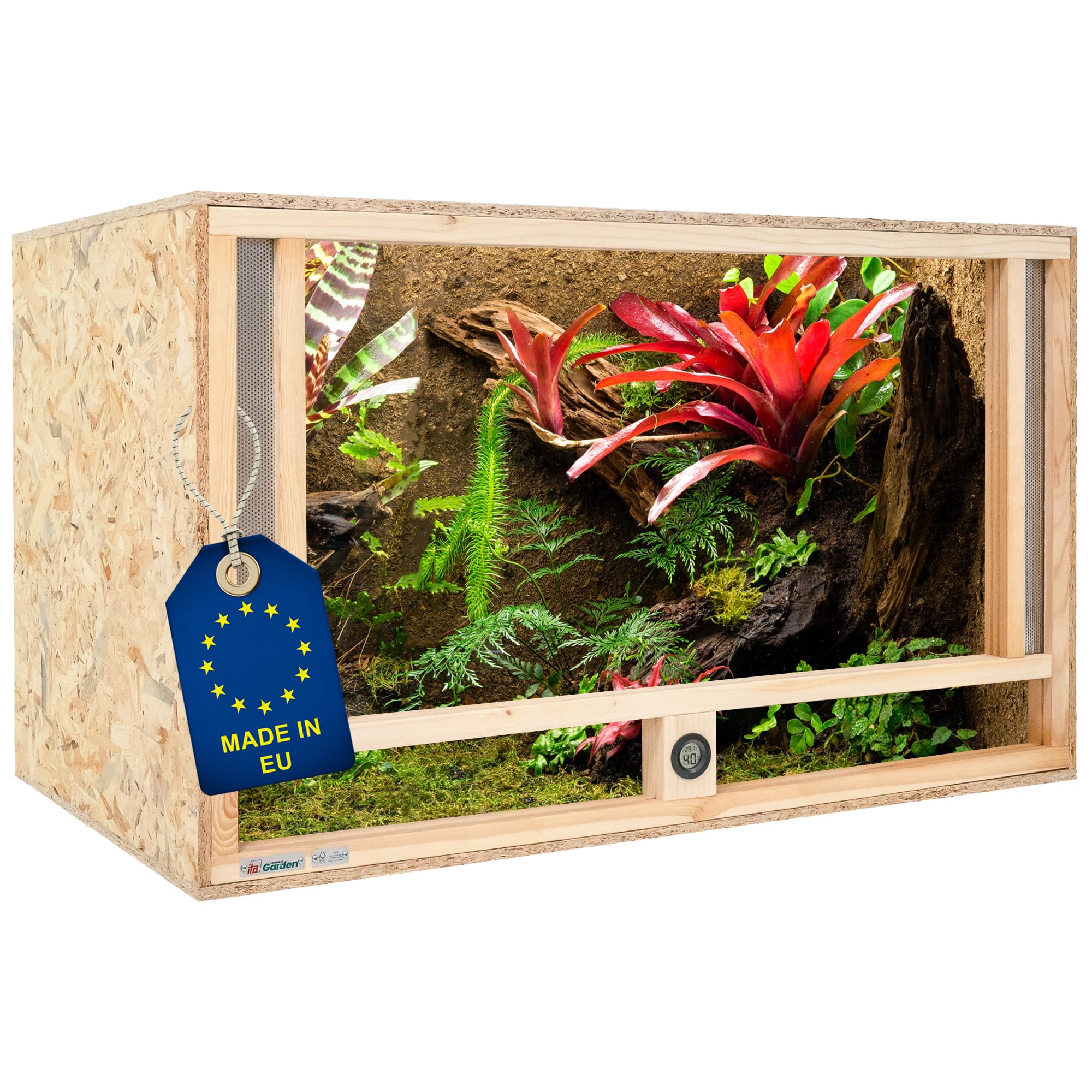 ITA Holz Terrarium 100x50x50 cm mit Frontbelüftung & Integriertem Hygrometer - Holzterrarium aus OSB-3 Platten - Terrarien für Reptilien, Schlangen, Amphibien - EU Produkt, FSC Zertifiziert