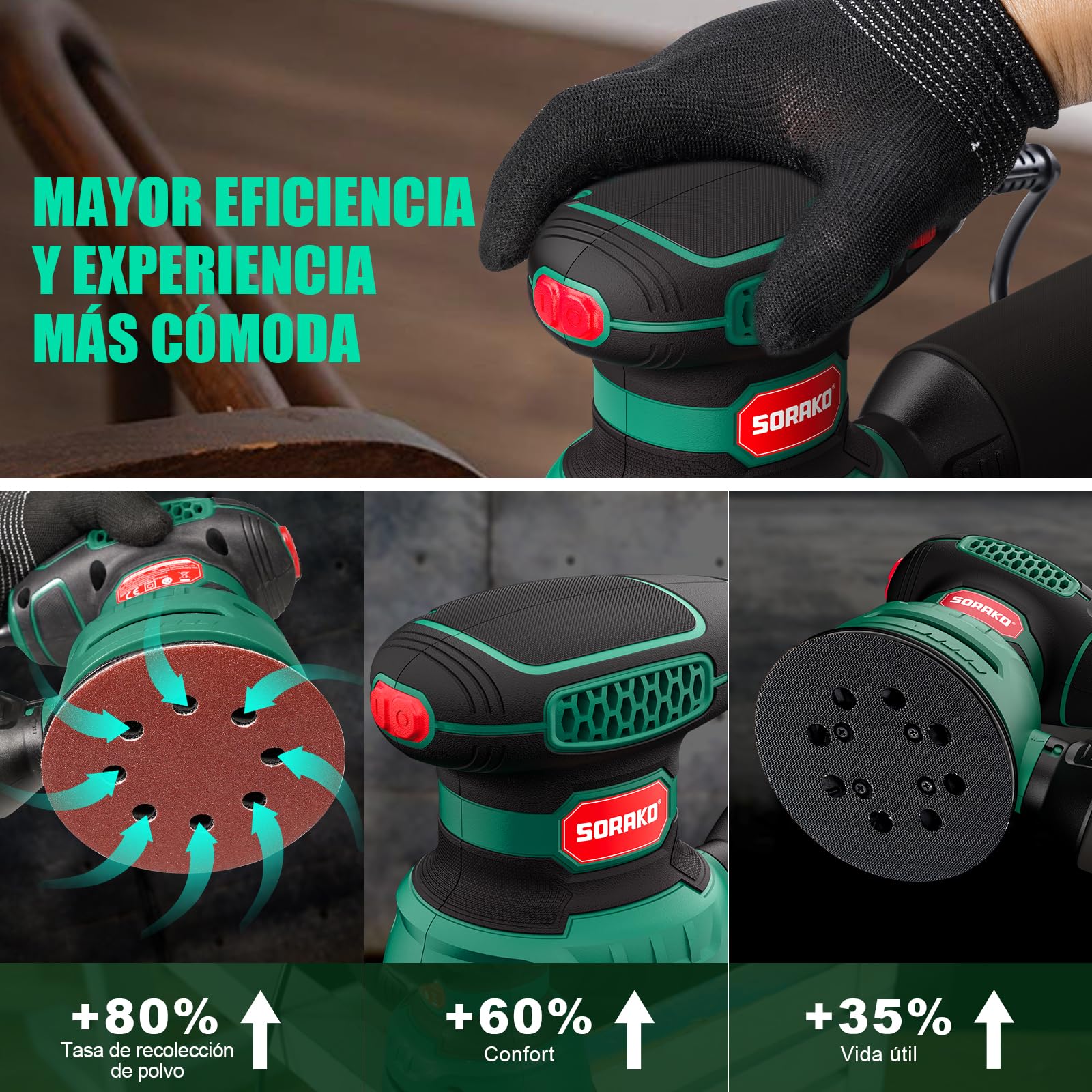 Lijadora Orbital 350W 125MM - 6 velocidades,16 hojas de lijado incluidas,con recolección de polvo y función de freno rápido,Ideal para lijar y pulir madera,en proyectos de afición