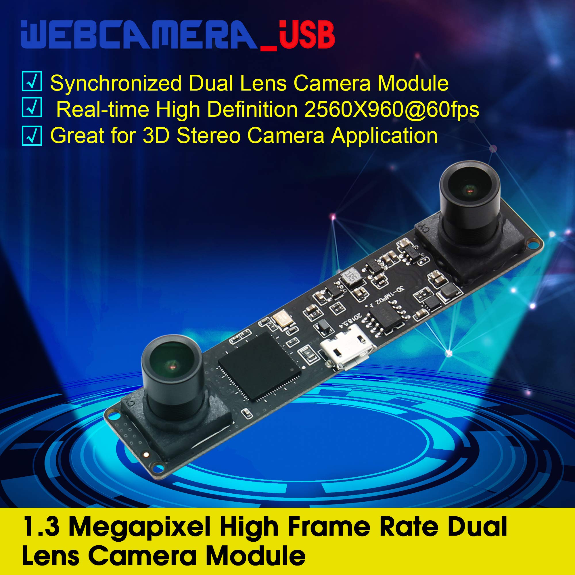 G Modulo fotocamera USB a doppio obiettivo 960p 60fps 3D stereo sincronizzato Webcam Board Modul,1,3MP Dual Lens USB con fotocamera, HD 1/3" OV9750 Webcam 90° per Windows Raspberry Pi Web Camera