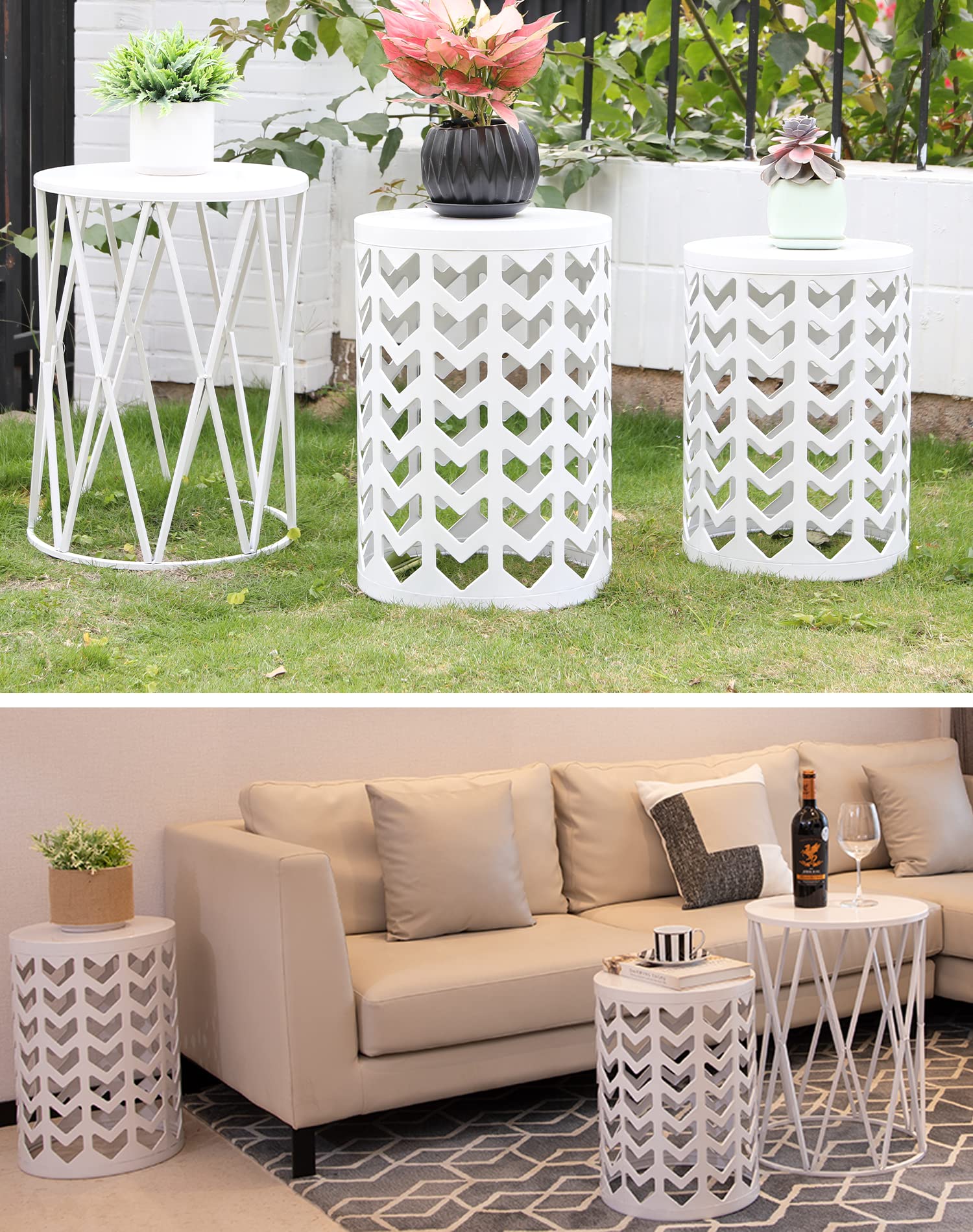 Juego de 3 mesas de centro redondas de metal, mesa auxiliar para uso multifuncional en interiores y exteriores, soporte de metal resistente para plantas, taburete de jardín, color blanco 2