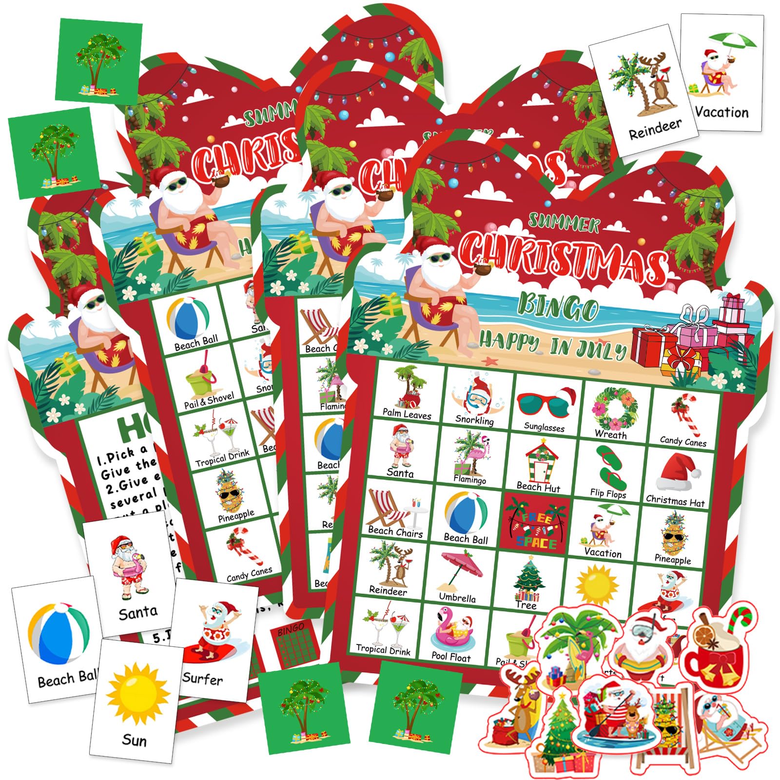 37 Pcs Summer Christmas Bingo Game Set Hawaii July Christmas Bingo Game 24 Players Bingo Card with Reward Sticker Tropical Bingo Game for Family Activities Luau Birthday Party Supplies