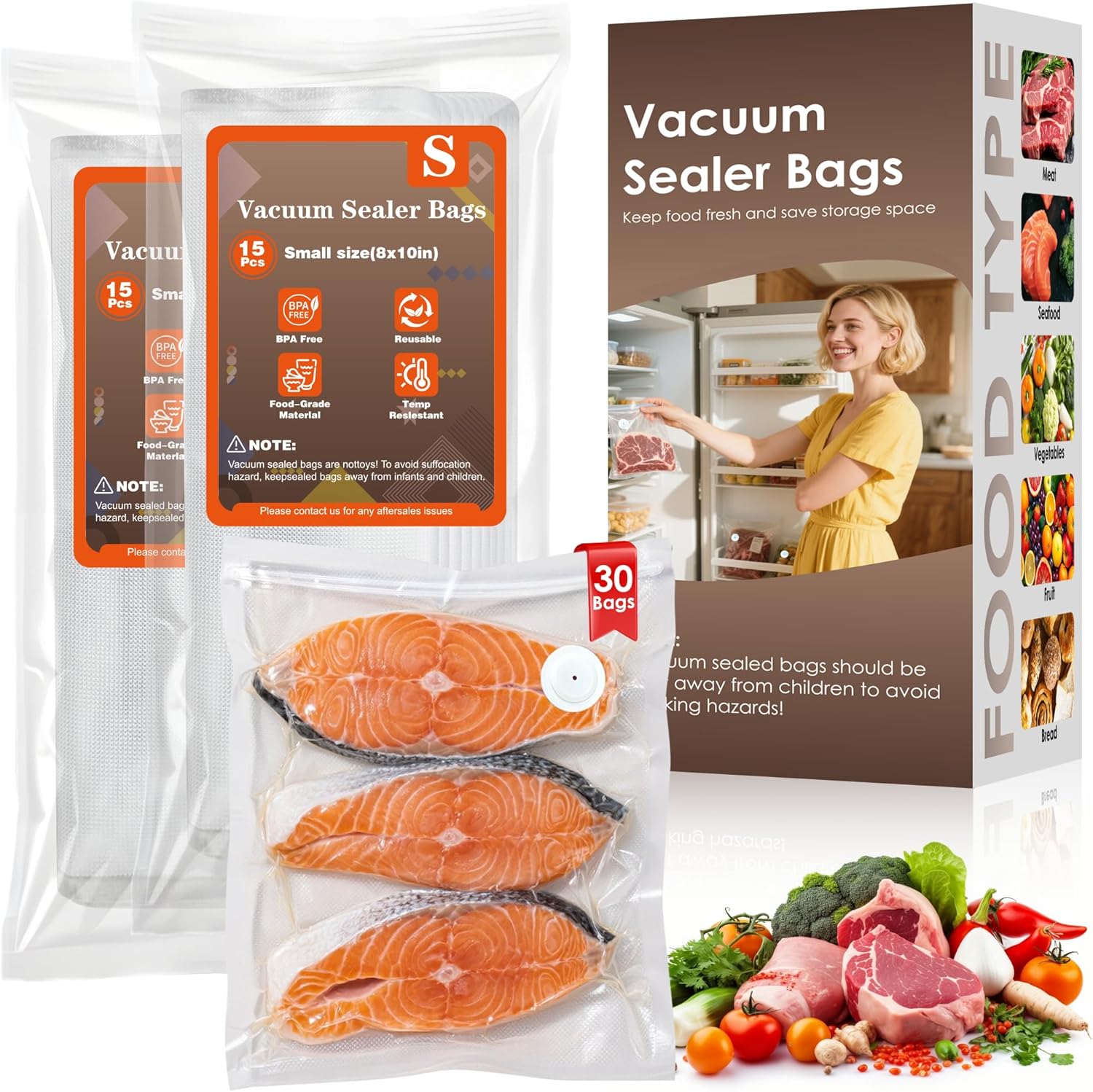 Vacuum Sealer Bags,Reusable Vacuum Sealer Bags,Can Withstand More Than 100 Washes,Small Size (30 Bags) 30 Small Bags (8x10 in)