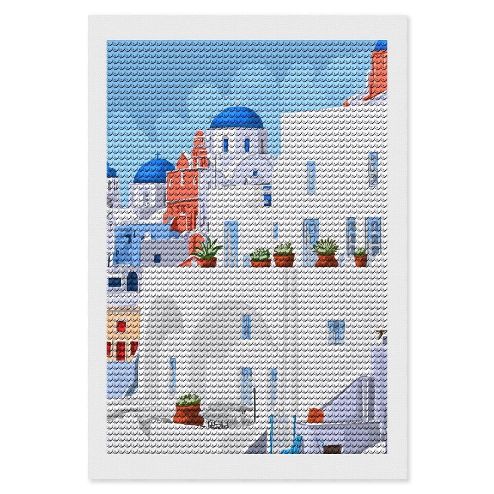 Junmoney The Santorini Vacay Diamond Painting Set 8"x12", Neat Printed Canvas, with Tool Kit, Bedroom Decor, Gift Idea, Complete Accessories
