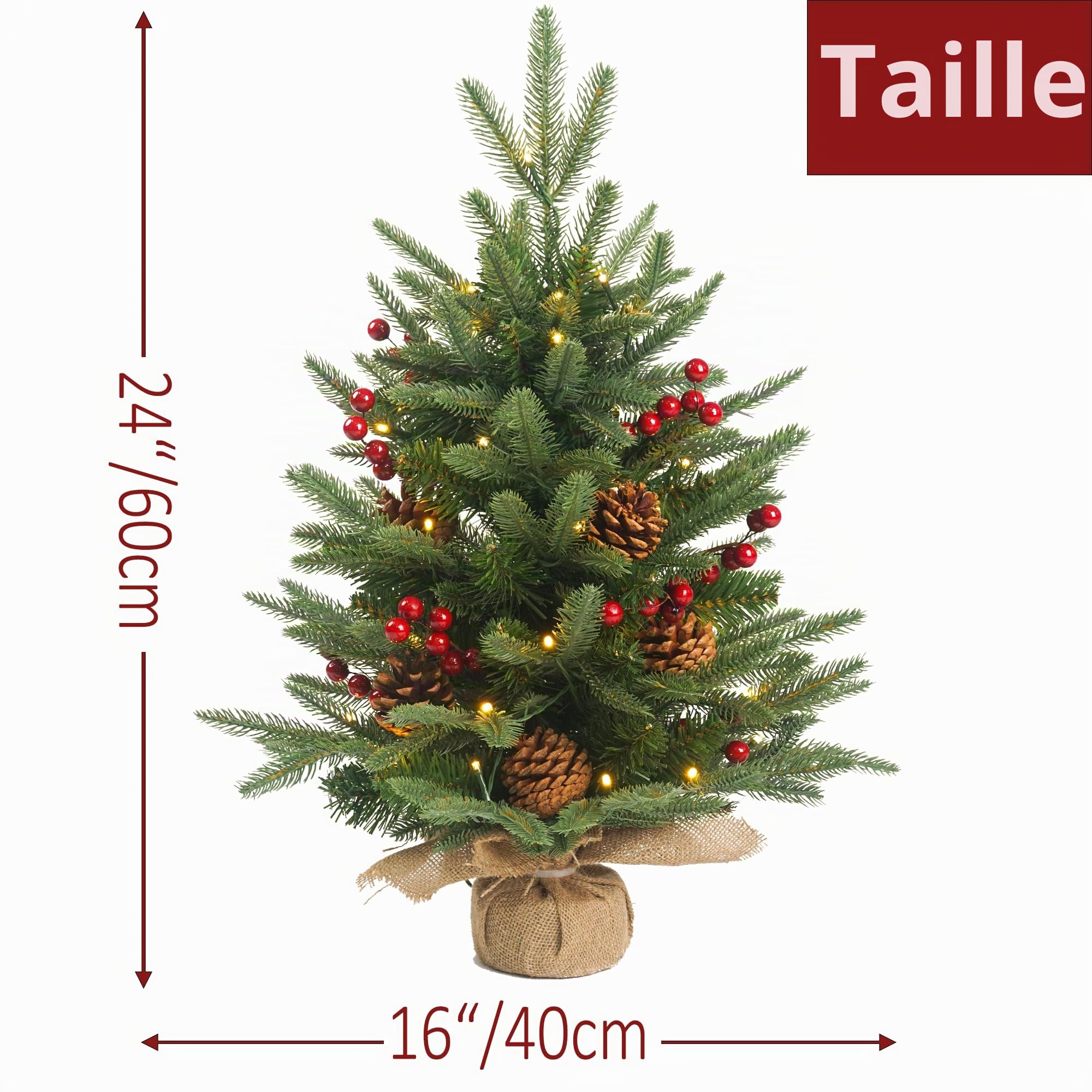 Mini Sapin de Noël Artificiel pré-éclairé de 0,6 m avec 50 lumières LED, 80 Pointes - Petit Sapin de Noël Artificiel avec minuterie - 61 cm - Décoration de Noël pour Chambre à Coucher, cheminée,