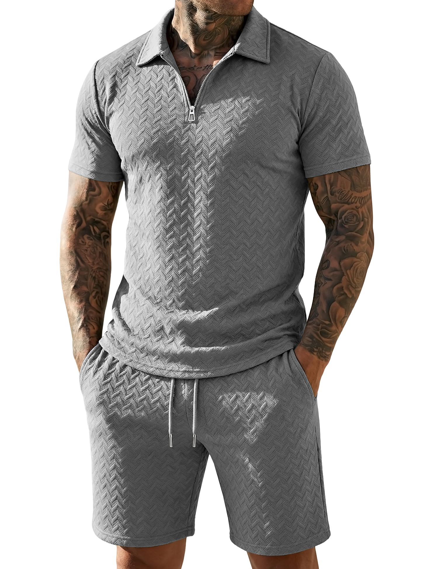 URRU Mens Textured Polo Shirt and Shorts Sets Outfits 2 Piece Summer Tracksuits Casual Quarter Zip Golf Polo Shirts