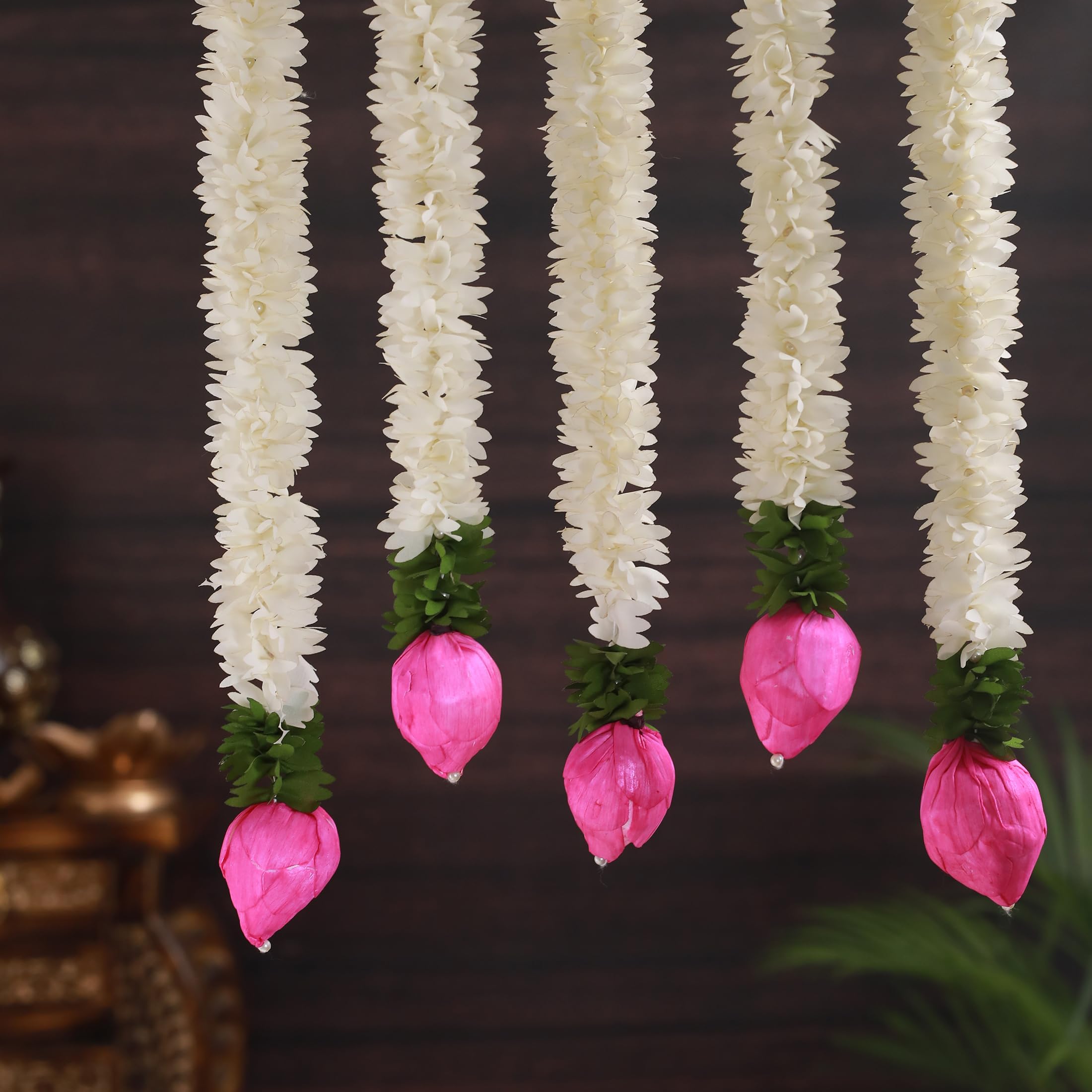 TIED RIBBONS 14 Inch Strings Jasmine Garland Toran with Lotus Buds for Ganesh Chaturthi (Set of 5) Artificial Mogra Jasmine Garland Wall Hanging for Varalakshmi Puja, Diwali Decorations for Home