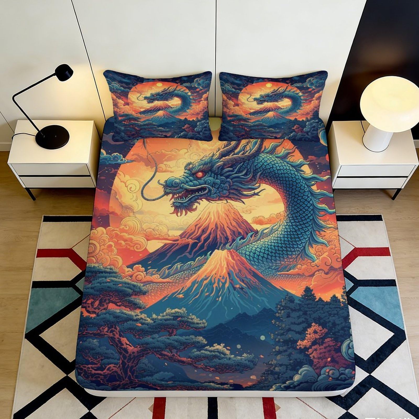 3D Printed Dragon Volcano Fitted Sheet Microfiber Breathable Oriental Landscape Bed Cover for Bedroom Guest Room 90x200x25cm