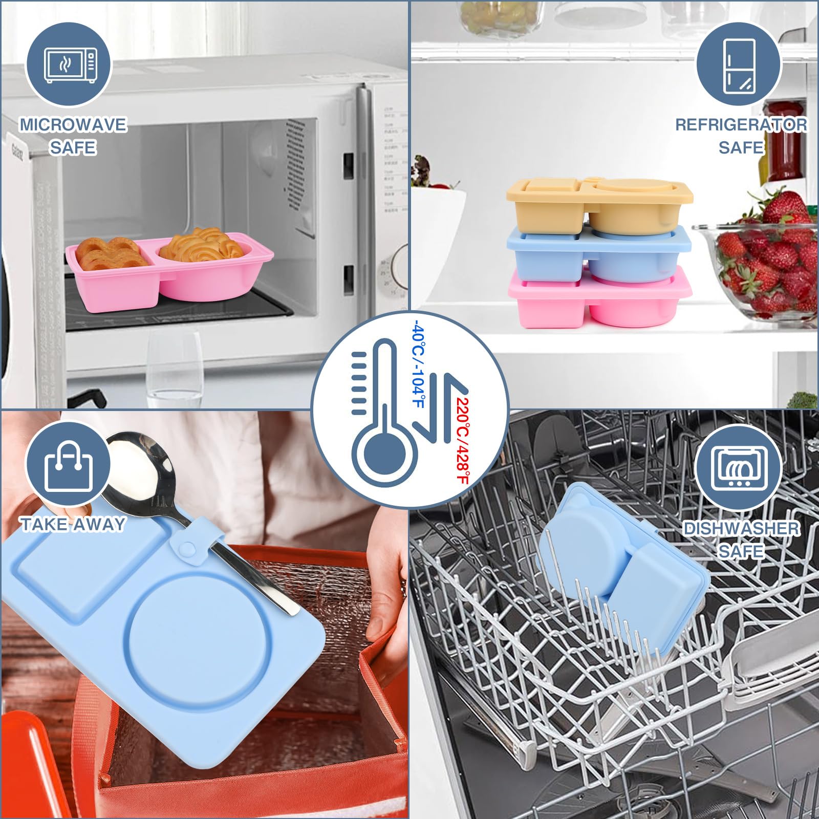 Contenitori Snack In Silicone Con Coperchio - Confezione Da 3, A Doppio Scomparto, Riutilizzabili, Per Condimenti E Pasti - 2