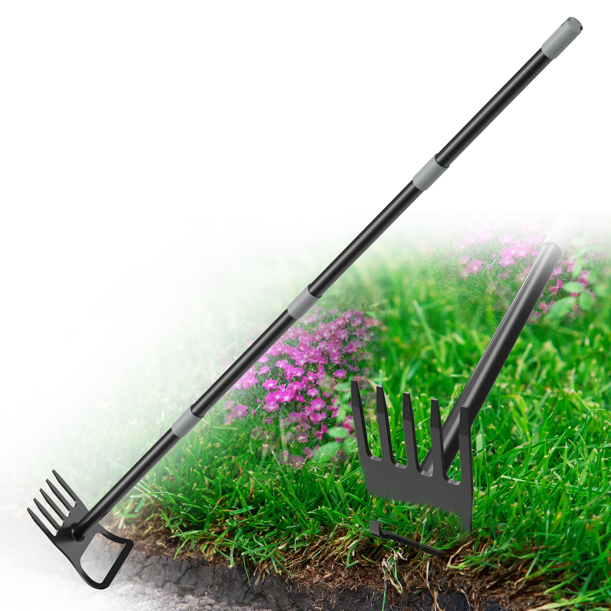 Garden Hoe Cultivator Stirrup Hoe Gardening Tool for Weeding 30-46" 2-in-1 Heavy Duty Hula Hoe Long Handle Adjustable Scuffle Loop Steel Sharp Blade with Rake for Digger Loosening Pulling Weed
