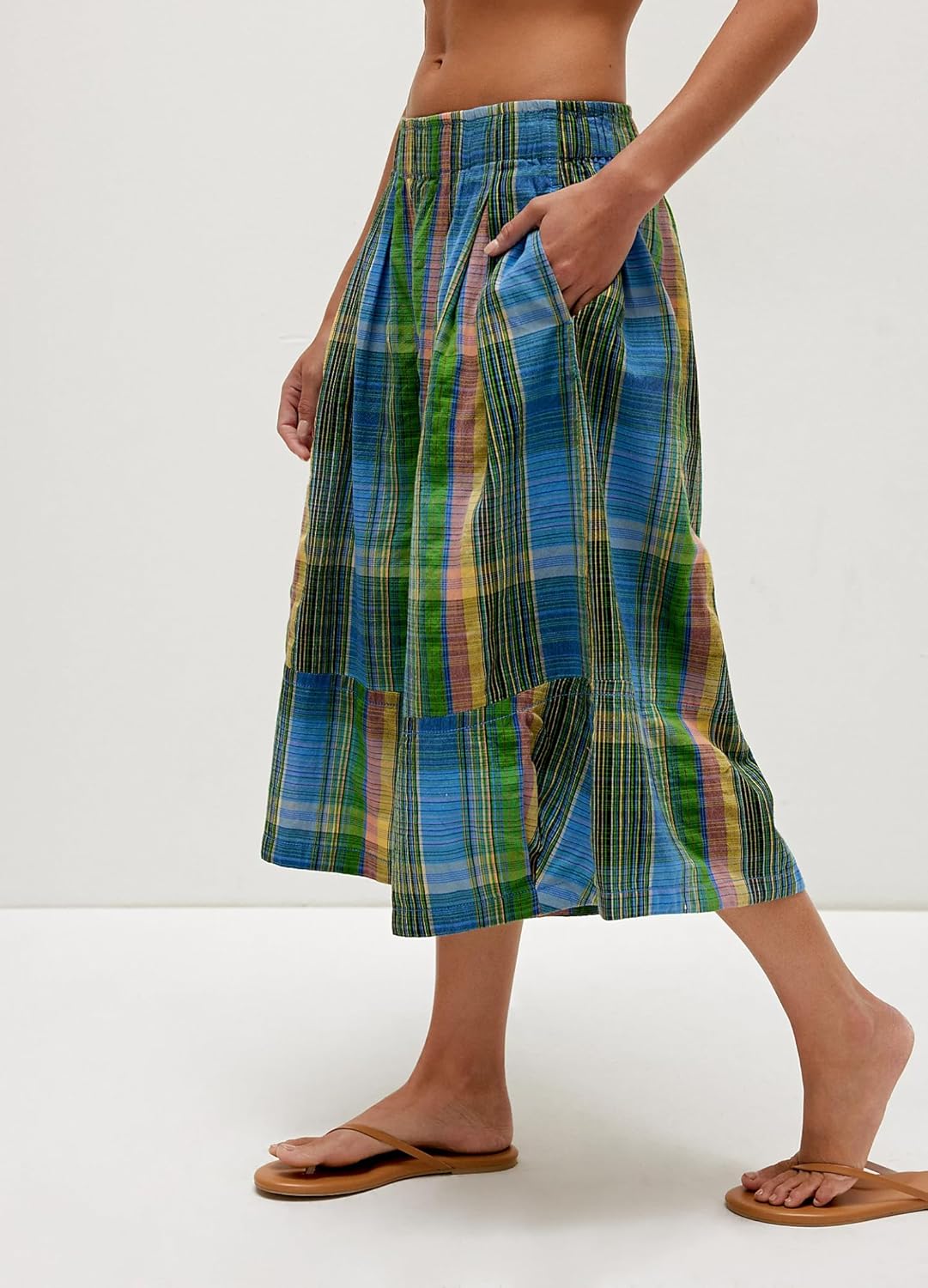 Womens Summer Boho Wide Leg Culotte Pants Casual Elastic Waisted Palazzo Trousers Colorful Plaid Capris with Pockets - Image 2