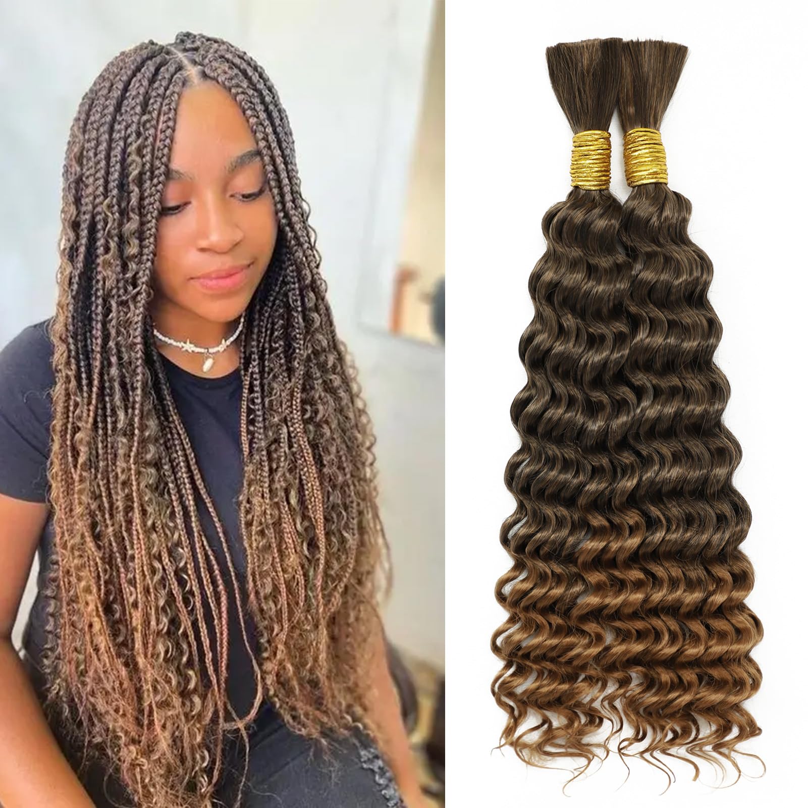 Dorsanee Deep Wave Bulk Hair for Braiding 20 Inch 2 Bundles 200g Ombre Brown Curly Braiding Hair for Boho Braids No Weft Wet and Wavy Braiding Hair