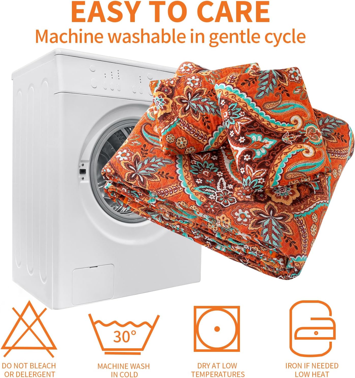 TWINRUN Cotton Queen Size Quilt Bedding Set - Floral Bedspreads for Bed, Lightweight Orange Coverlet Sets, 3 Pieces Quilts Queen Size (90 * 98 Inch) for All Seasons