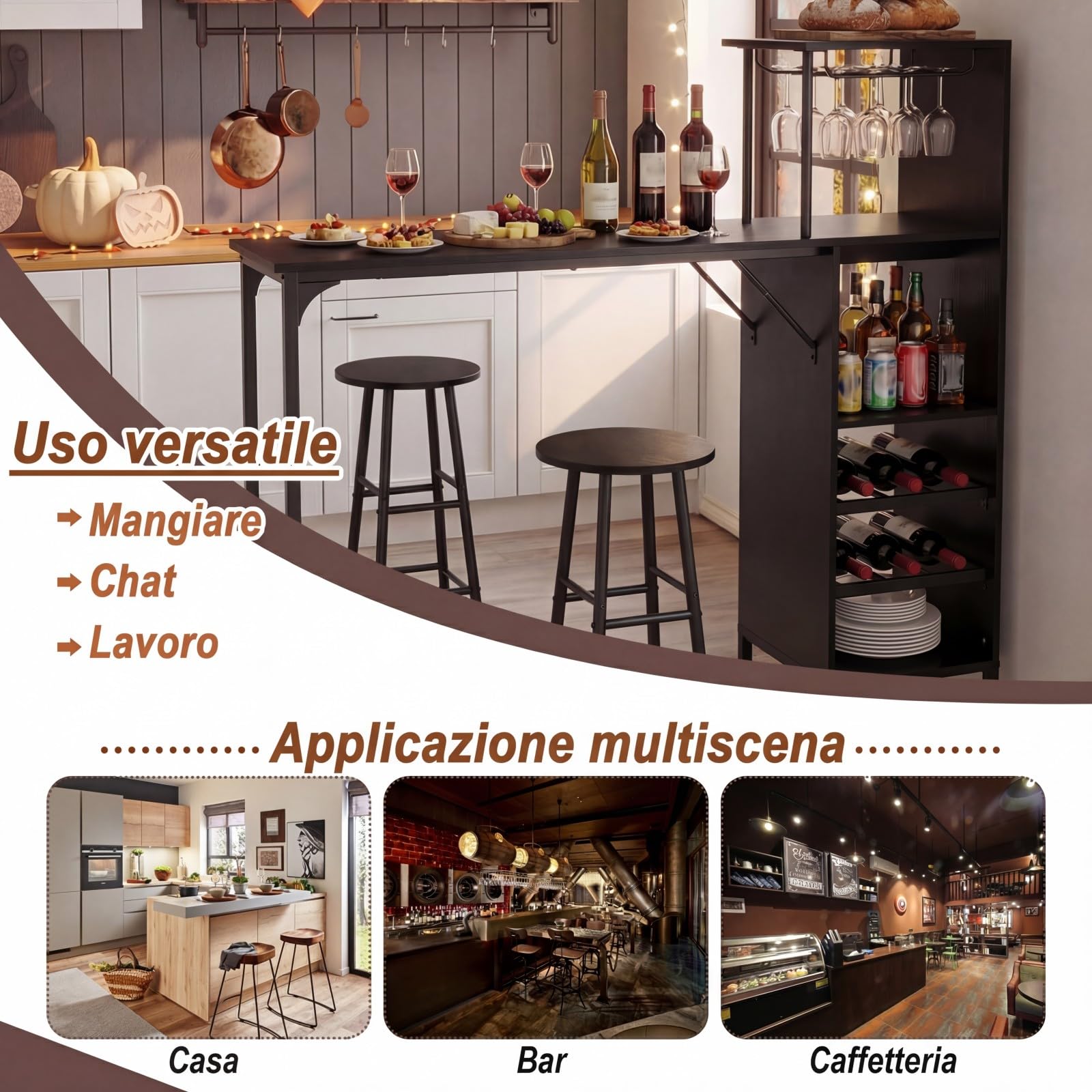 COSTWAY Set 3 Pezzi Tavolo e Sedie da Bar, Tavolo e Sgabelli da Pub Industriale con Porta Calici e 6 Portabottiglie da Vino, Set di Tavolo per Sala da Pranzo, Ristorante e Bar (Nero)