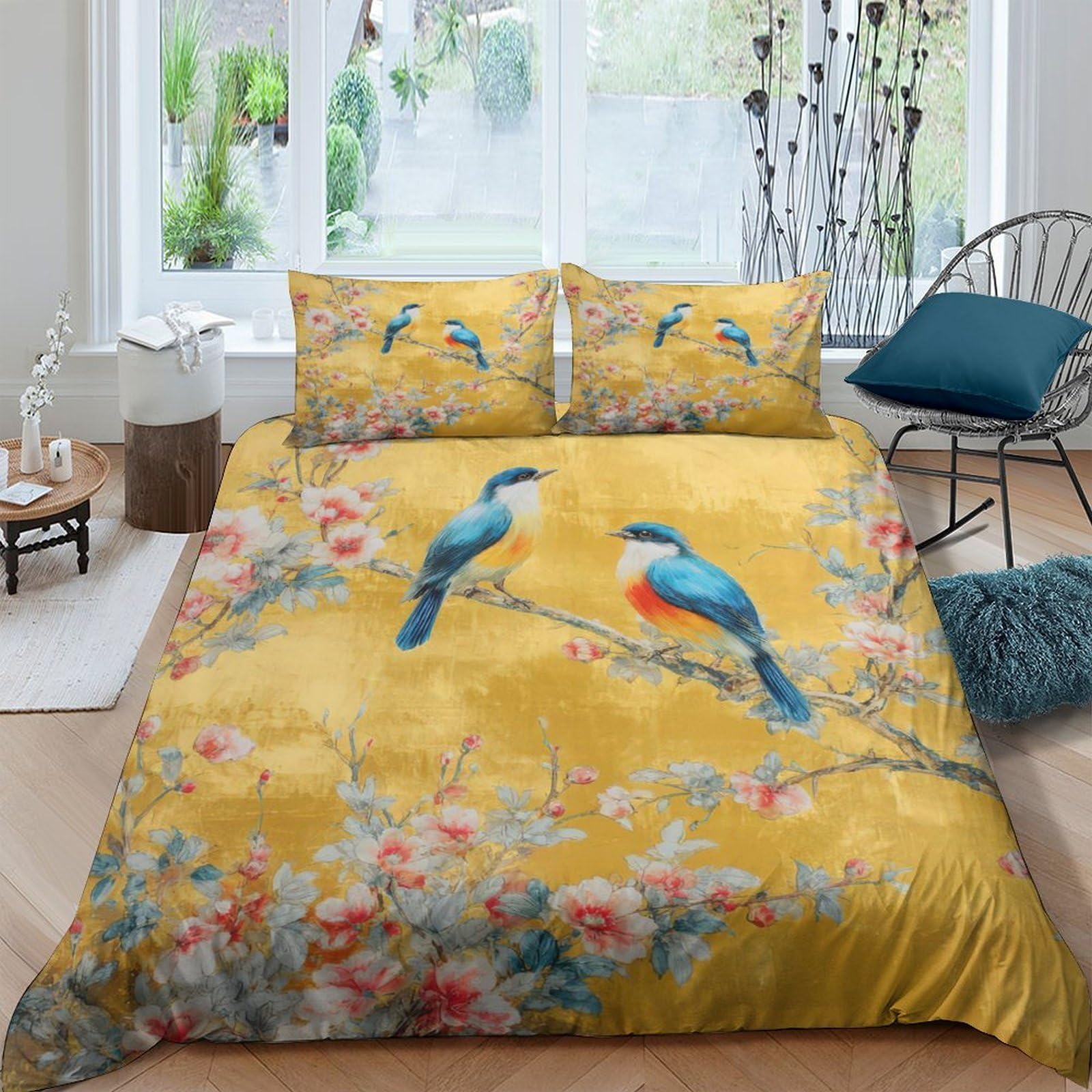 Ctjqhvkz Style-1 3D Printed Yellow Blossom Birds Fitted Sheet Microfiber Soft Bedroom Decor Bluebird Mattress Cover Single（135X200cm）