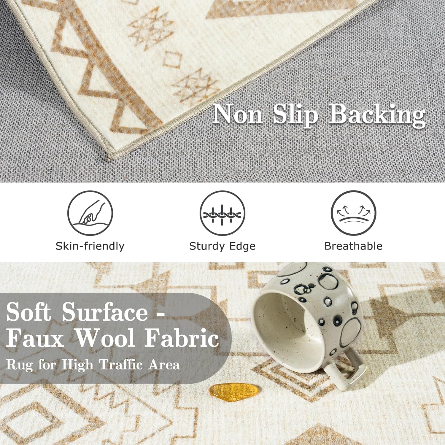 5x7 Area Rug Machine Washable Non Slip Low Pile Western Rug for Living Room, Bedroom, Dining Room Kitchen Table Rugs for Under Table, Office Home Decor, Warm Beige