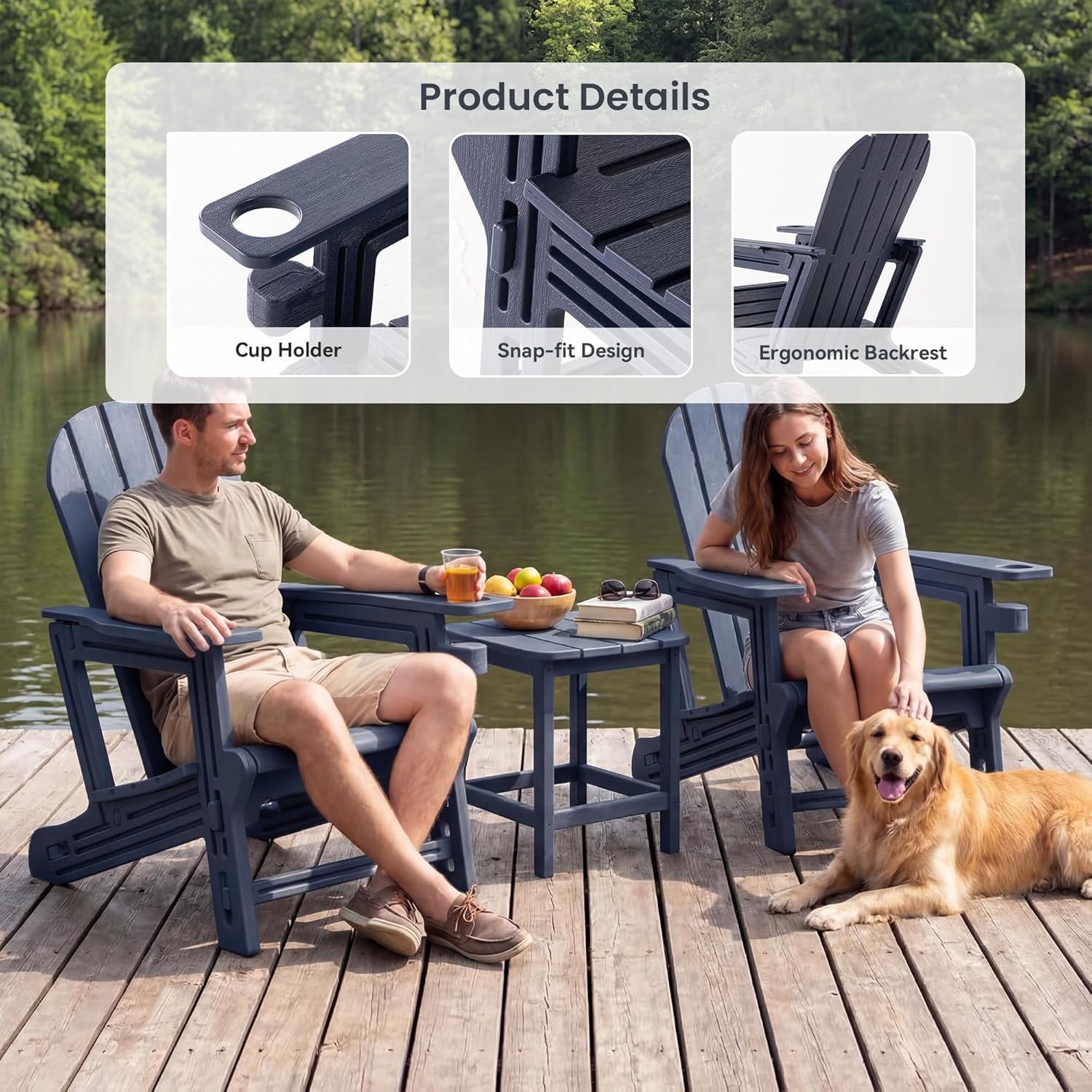 HOMPUS Outdoor Adirondack Chair, Patio HDPE Chair with Cup Holder, Solid Garden Chair Weather Resistant, Fire Pit Chair, Plastic Patio Chair for Deck,Garden, Wood Textured-Blue