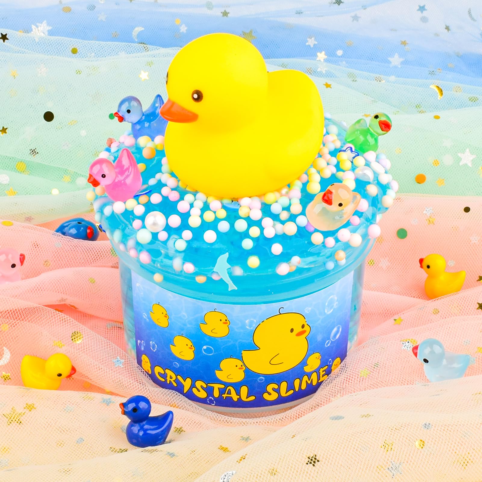 Blue Crystal Slime with Cute Yellow Ducks & Beads, Soft, Non-Sticky Sensory Toy with Foam Beads for Kids & Teens - Image 4