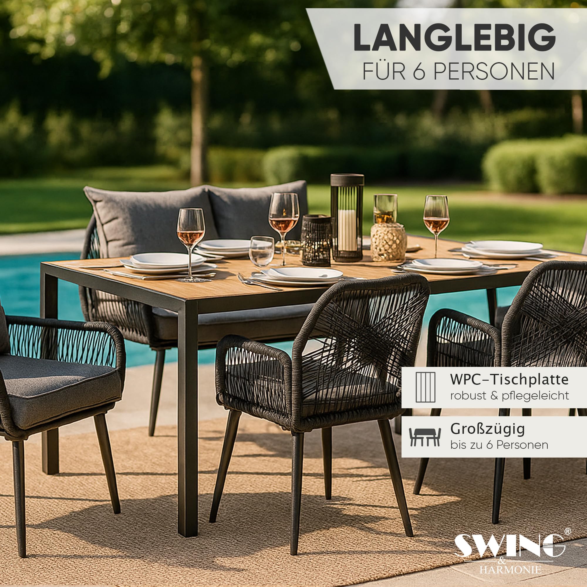 Swing&Harmonie® Gartenmöbel Lounge-Set „Sienna“ – Sitzgruppe mit Tisch, Sofa, Sesseln & Stühlen – wetterfest – Seilgeflecht – WPC-Tischplatte – Outdoor Essgruppe (anthrazit/Holz, 6 Personen XL)