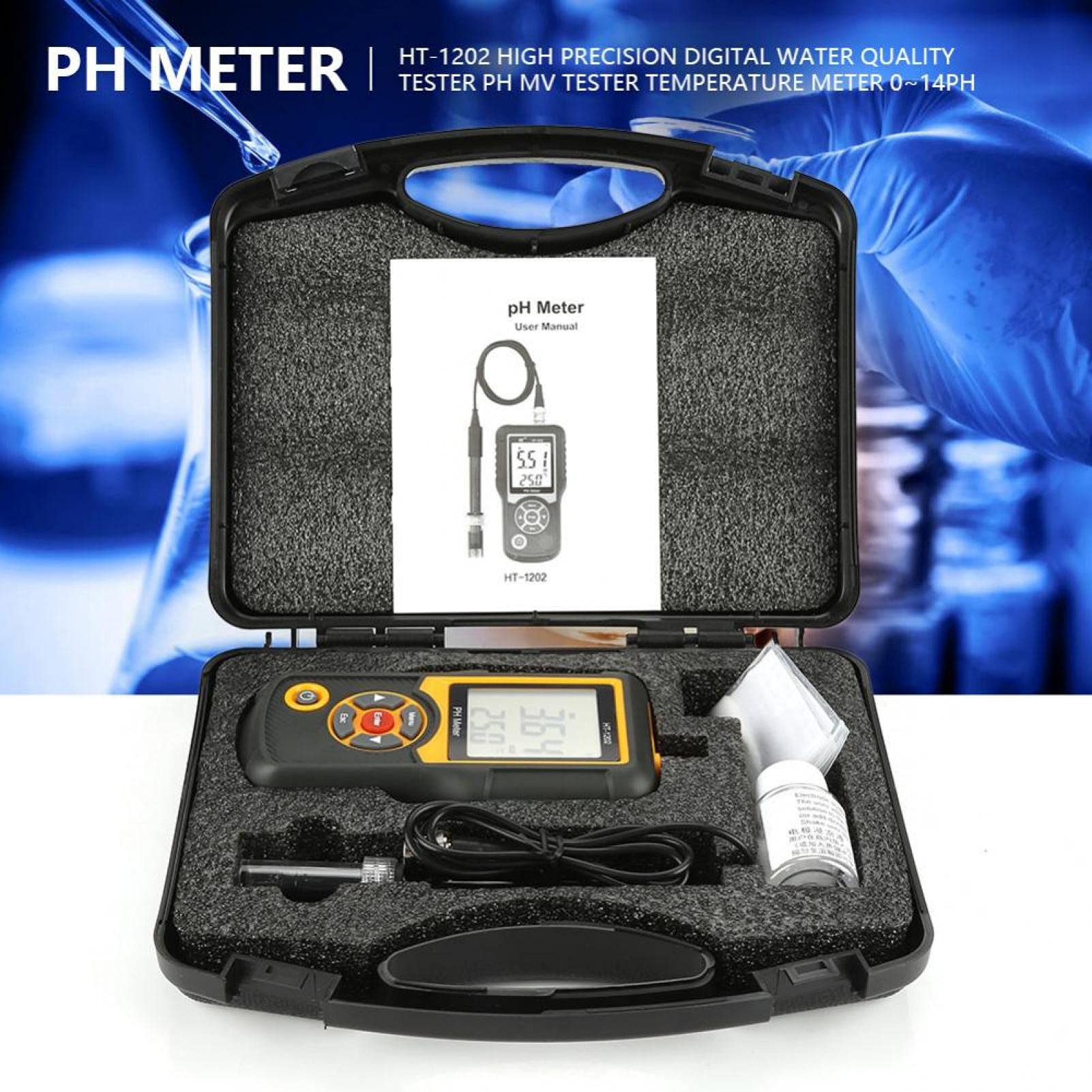 Digitales PH-Messgerät HT-1202 0, 05 pH Hochpräziser Wasserqualitätstester, PH mV-Testertemperaturmesser 0~14 PH mit schwarzem Gehäuse für Wasserquellen, Schulen, Labors, Apotheken