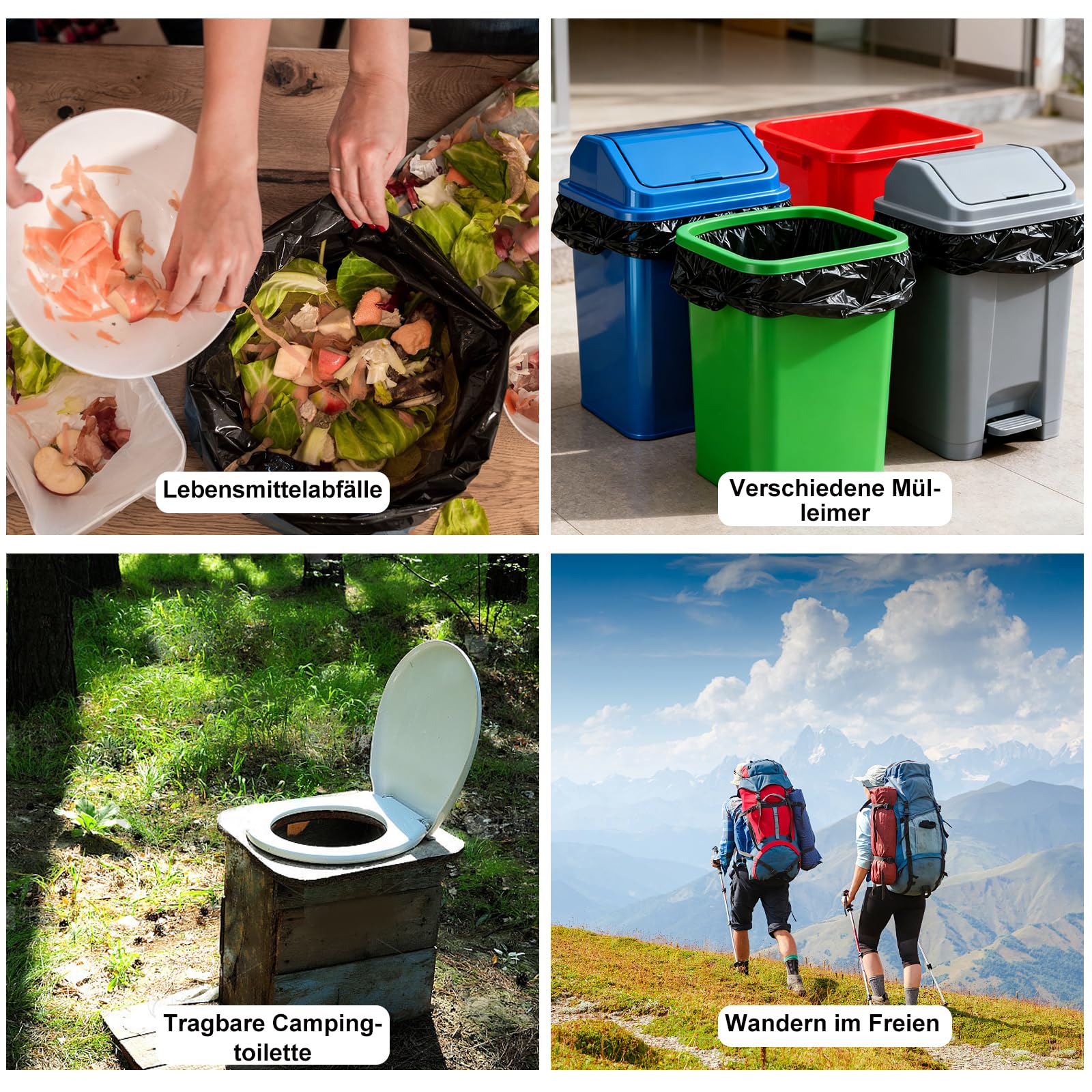 Lot de 100 sacs de toilette de camping, noirs, 30 l, biodégradables, pour la randonnée, toutes les toilettes de camping, étanches, extra épais, accessoires de toilette séparables