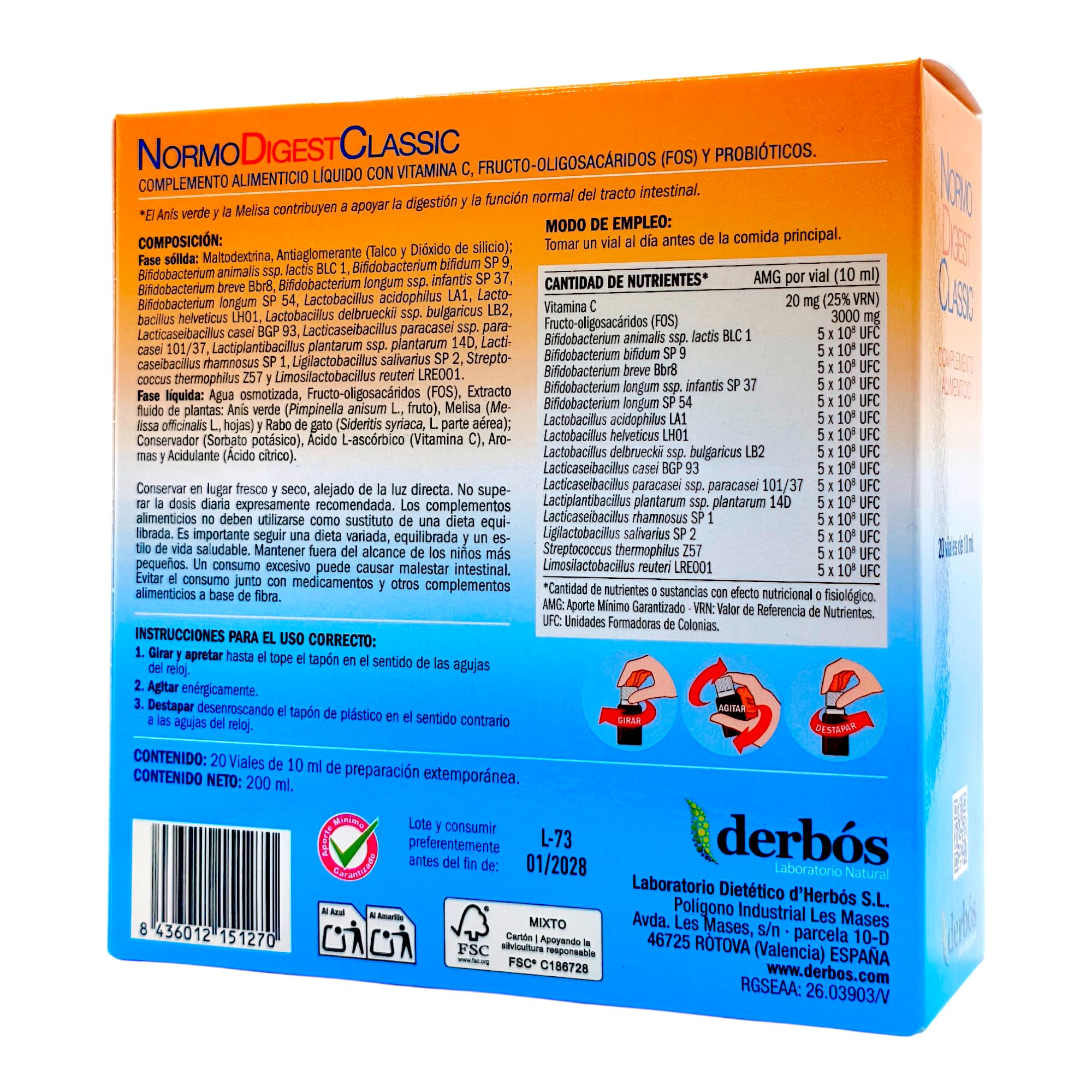 Derbós Normodigest Classic 20 Viales Bebibles - Simbiótico Líquido (Probióticos + Prebióticos FOS) - Con 15 Cepas, Melisa, Anís Verde y Vitamina C - Regenera la Flora y Facilita la Digestión