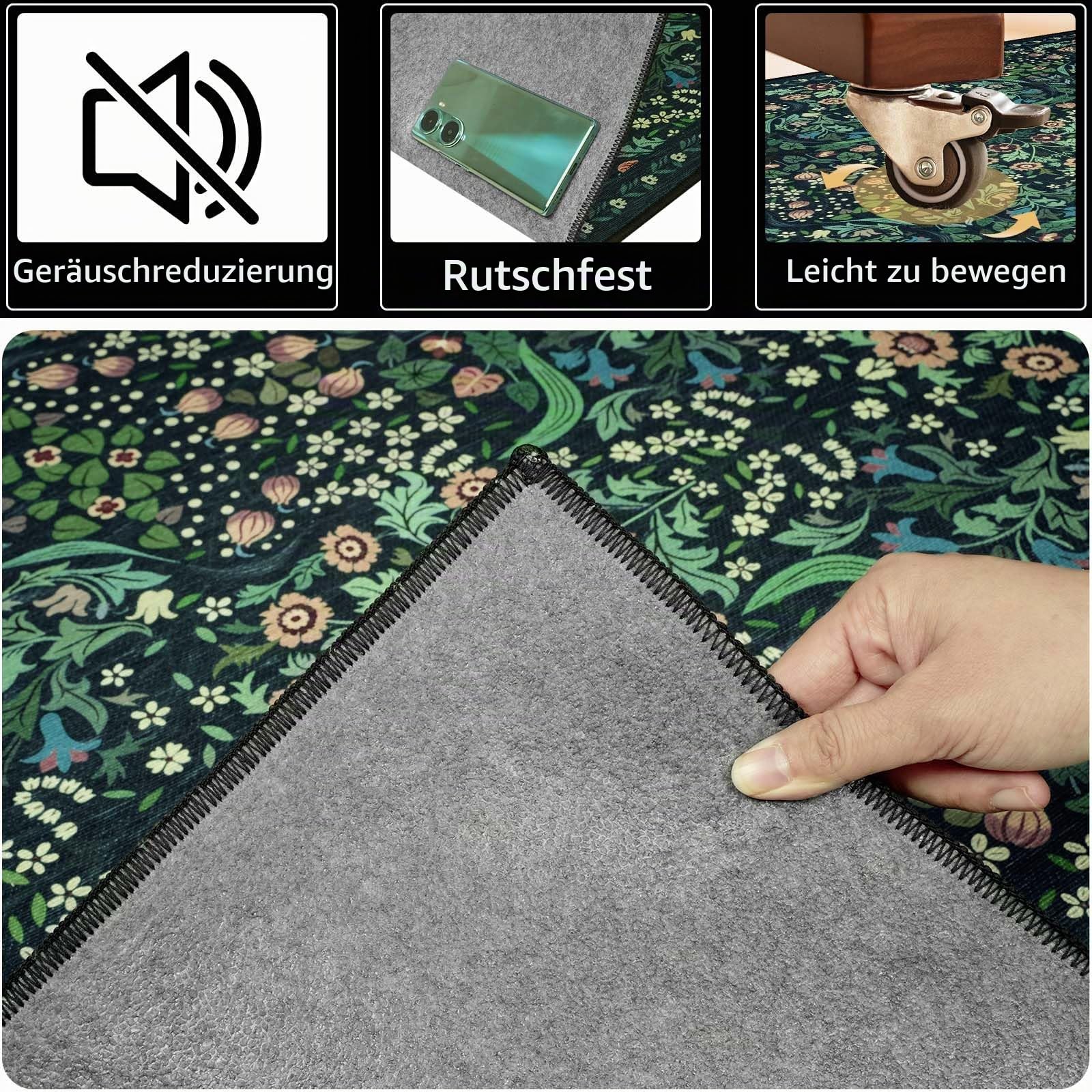 Famibay Bodenschutzmatte Bürostuhl 90x120cm Bürostuhl Unterlage rutschfest Schreibtischstuhl Unterlage Dunkelgrün Vintage Bodenschutzmatte für Hartböden Parkett Tiles Waschbar Kratzfest Blumen