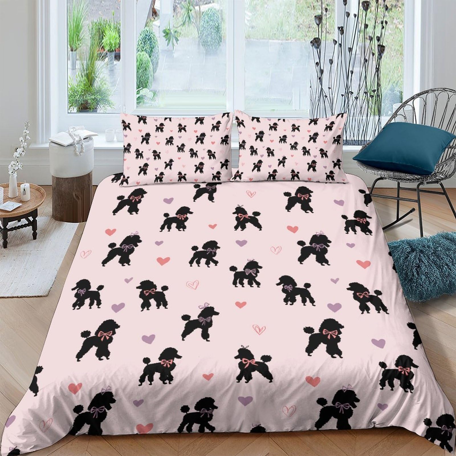 Ctjqhvkz Style-5 3D Printed Black Poodle Fitted Sheet Microfiber Pink Dog Heart Bed Cover For Bedroom Guest Room Dorm Decor Single（135X200cm）
