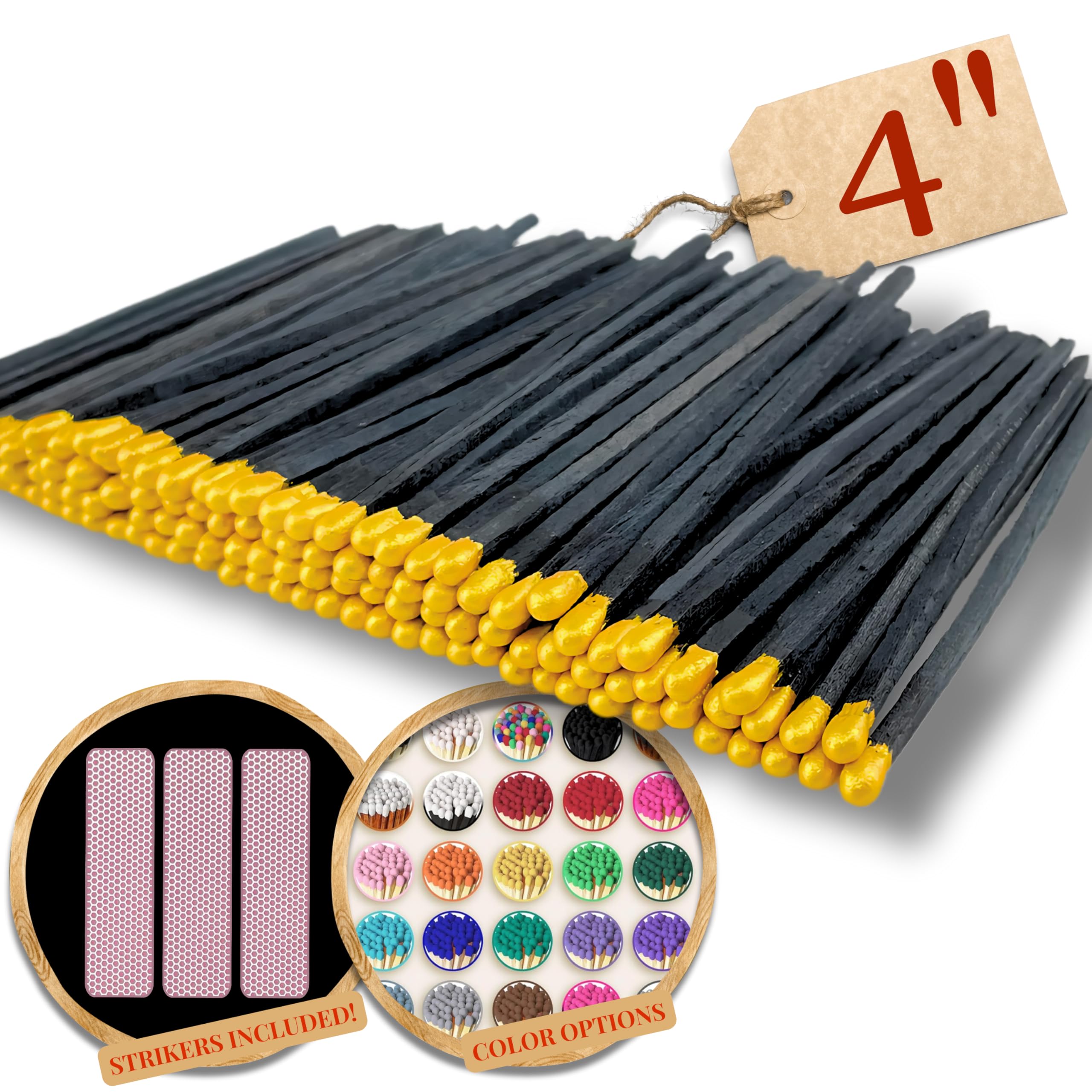 200 Count | 4" Long Gold & Black Matches | Color Safety Match Bundle (4 inches) | Replacement Refill Long for Fireplace & Candles | Wooden Wood Matchsticks