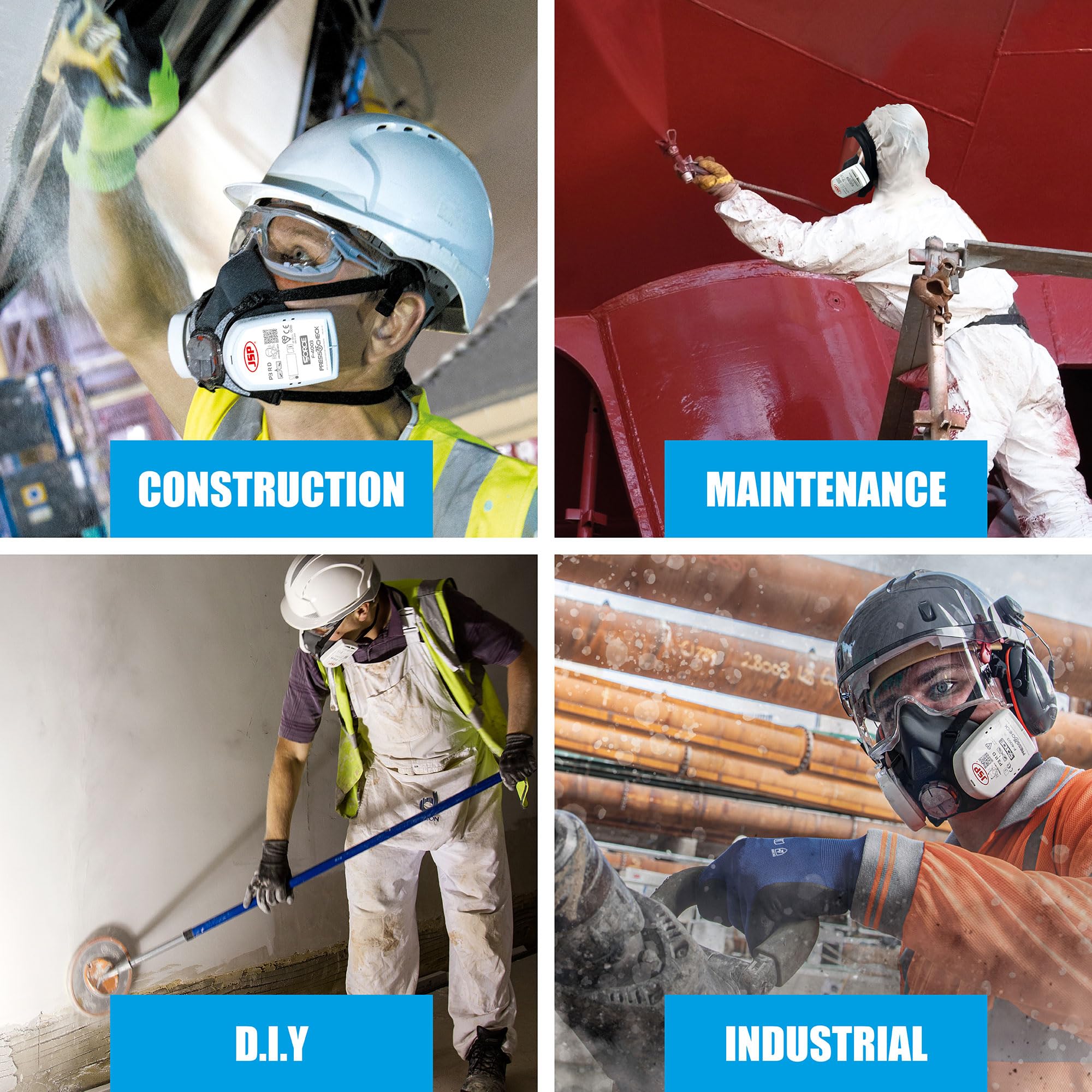 JSP Force 8 Semimaschera Respiratoria Riutilizzabile Filtri PressToCheck P3 | Protezione da polvere fine, silice, legno, muffe e aerosol. Bricolage e industria. Fatta UK. EN 140 & EN 143.