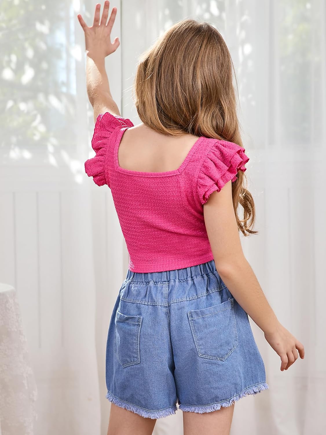 OYOANGLE Girl's Casual Solid Ruffle Trim Cap Sleeve Square Neck Cute Crop Tank Tops T-Shirts - Image 2