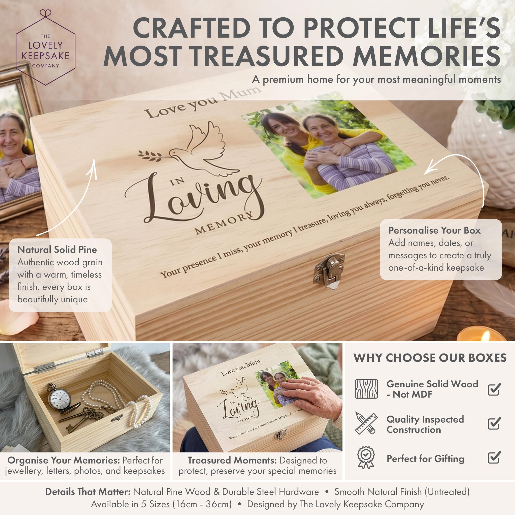 Caja de recuerdos personalizable con texto en inglés "In Loving Memory" (36 x 26,9 x 20 cm)